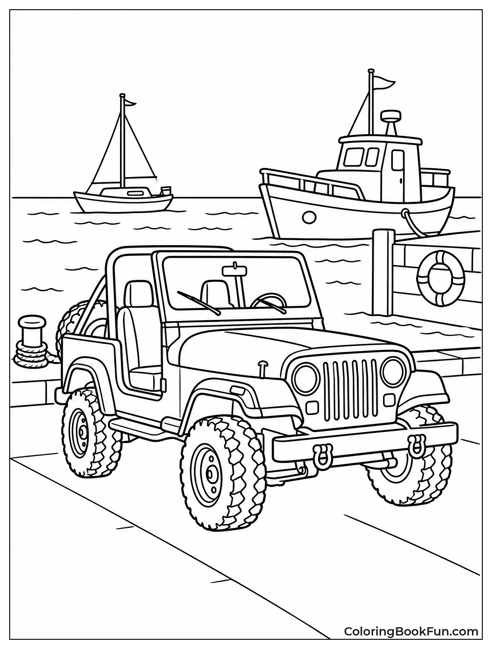 Jeep Parked By Harbor Boats