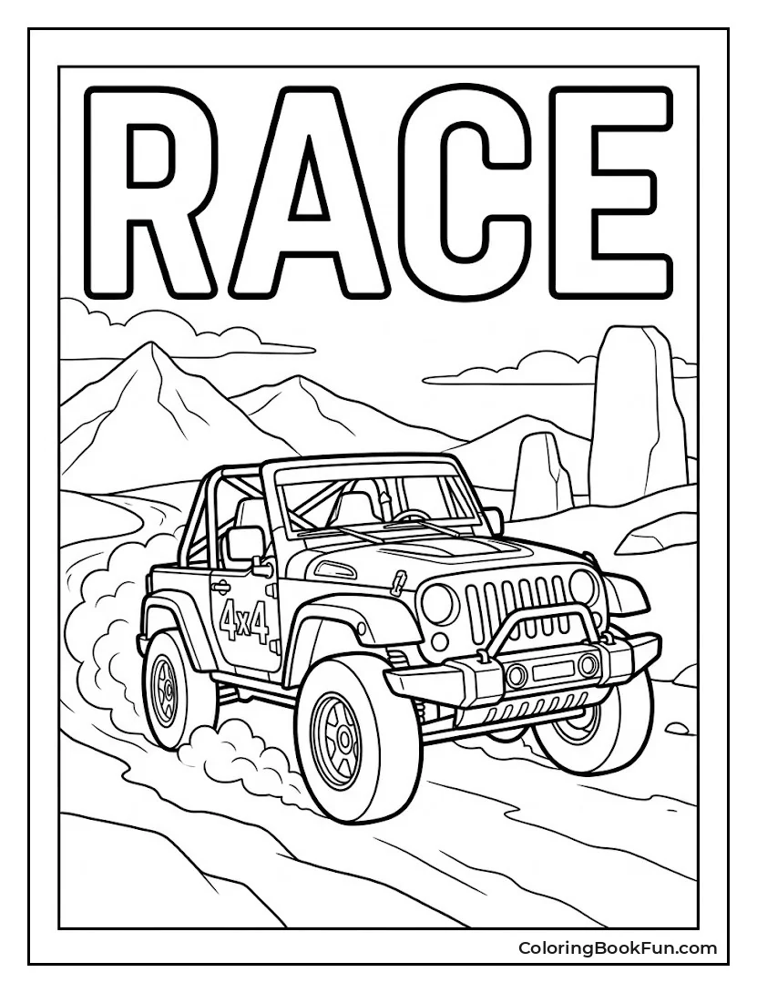 Racing Jeep Speeds Down Trail