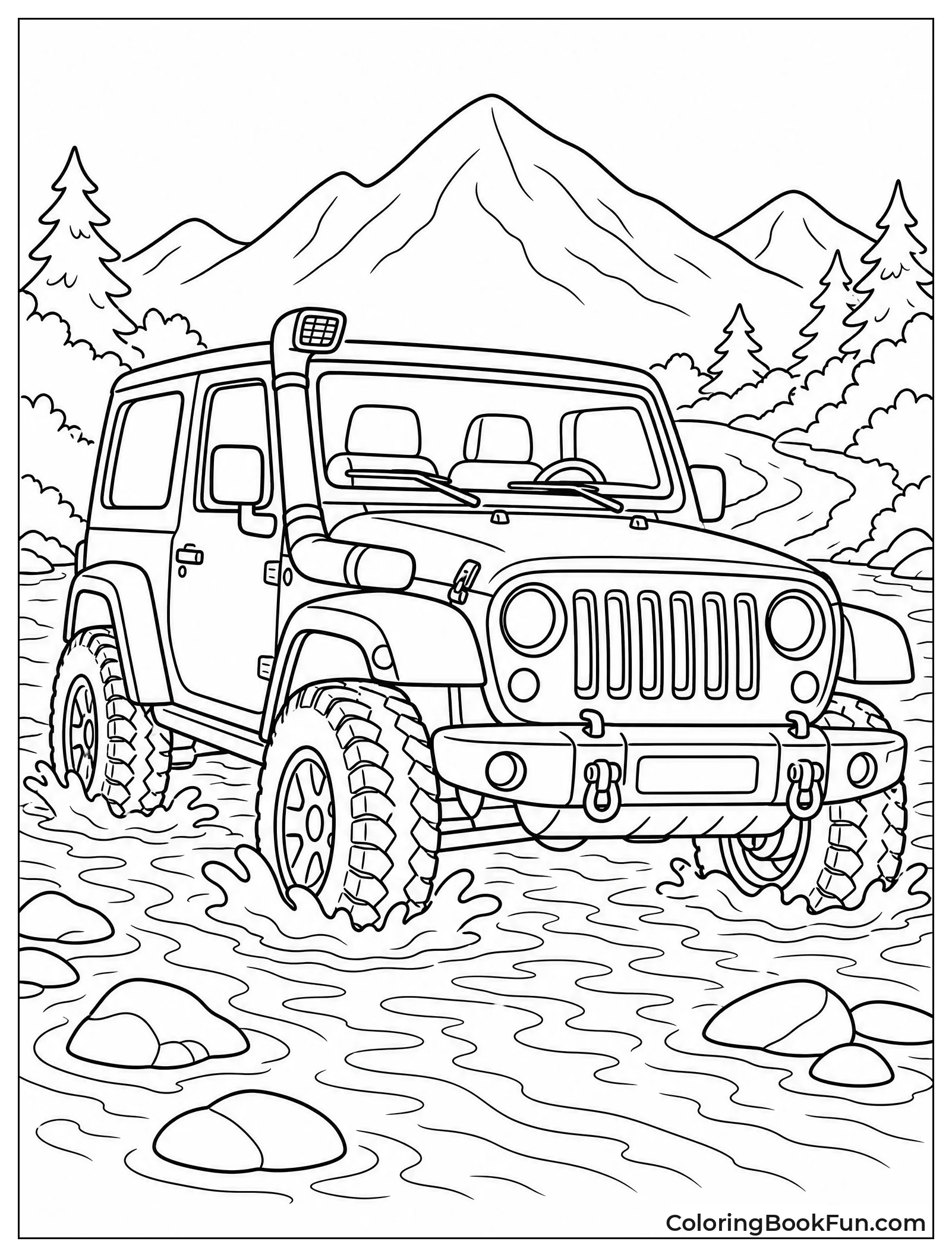 Jeep Crosses Shallow River Water
