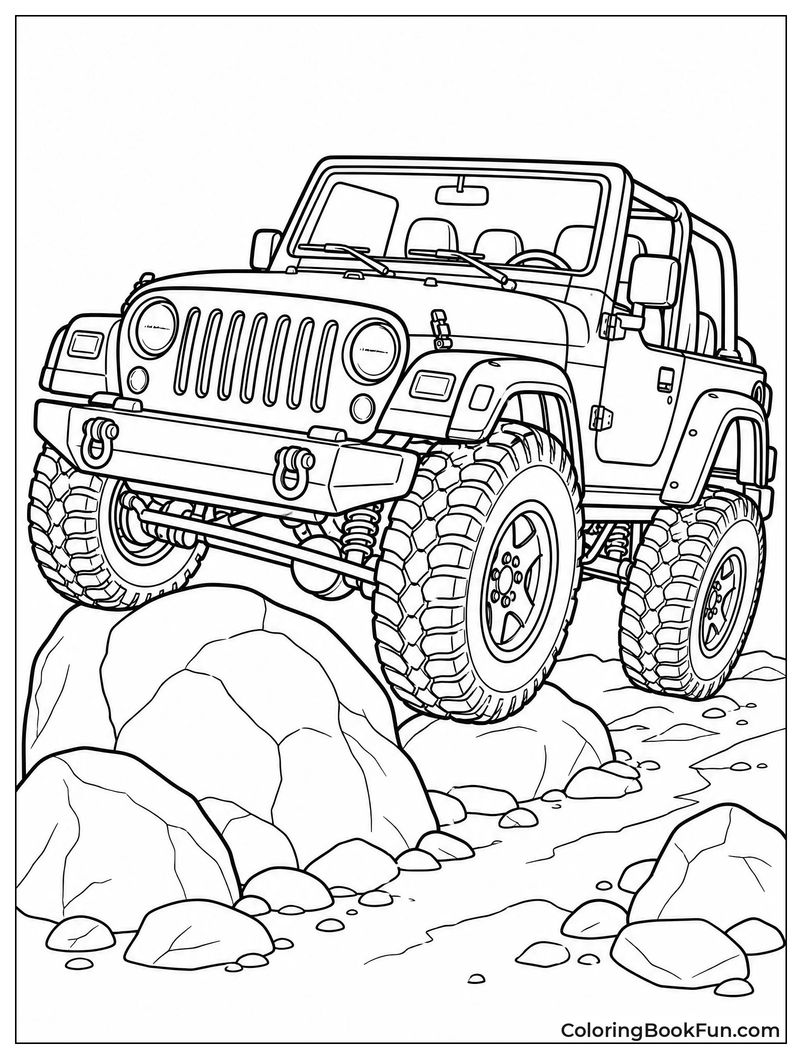 Jeep Climbs Over Big Rocks