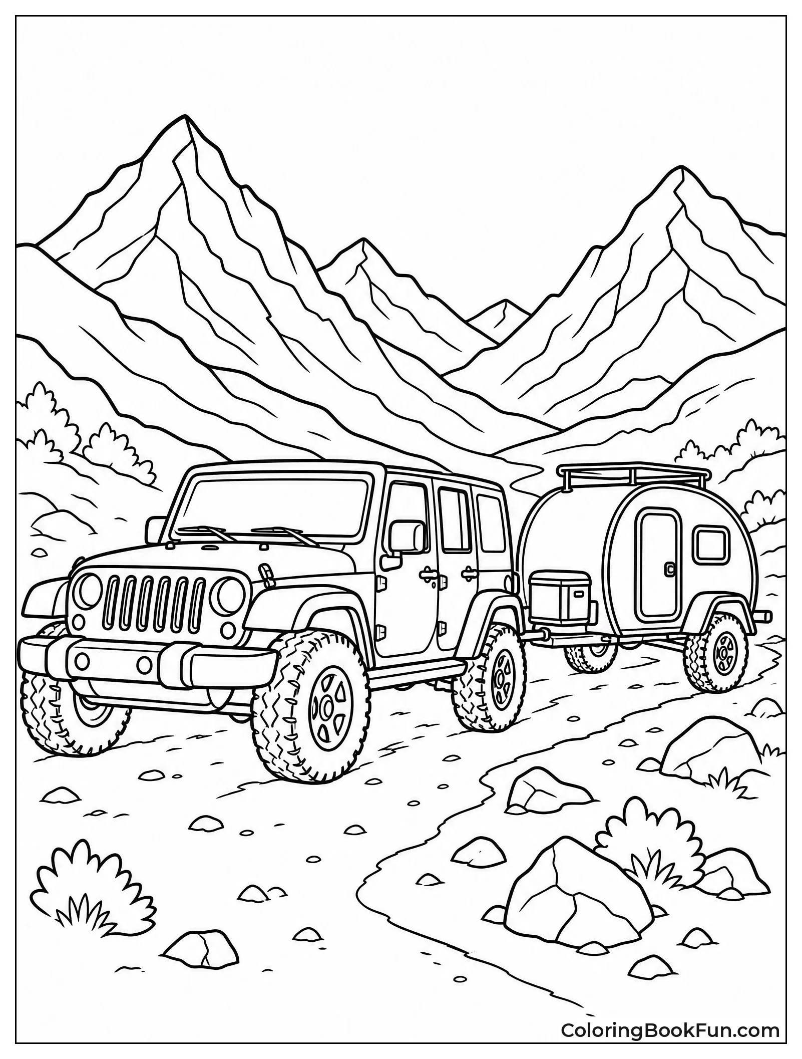 Jeep Pulls Camper Through Valley