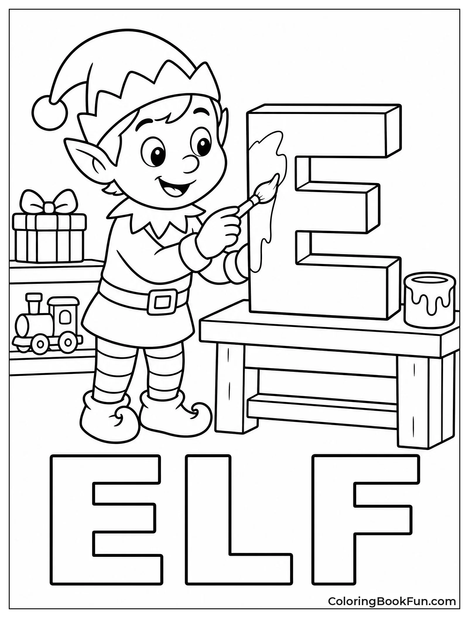 Elf Painting a Wooden Letter E