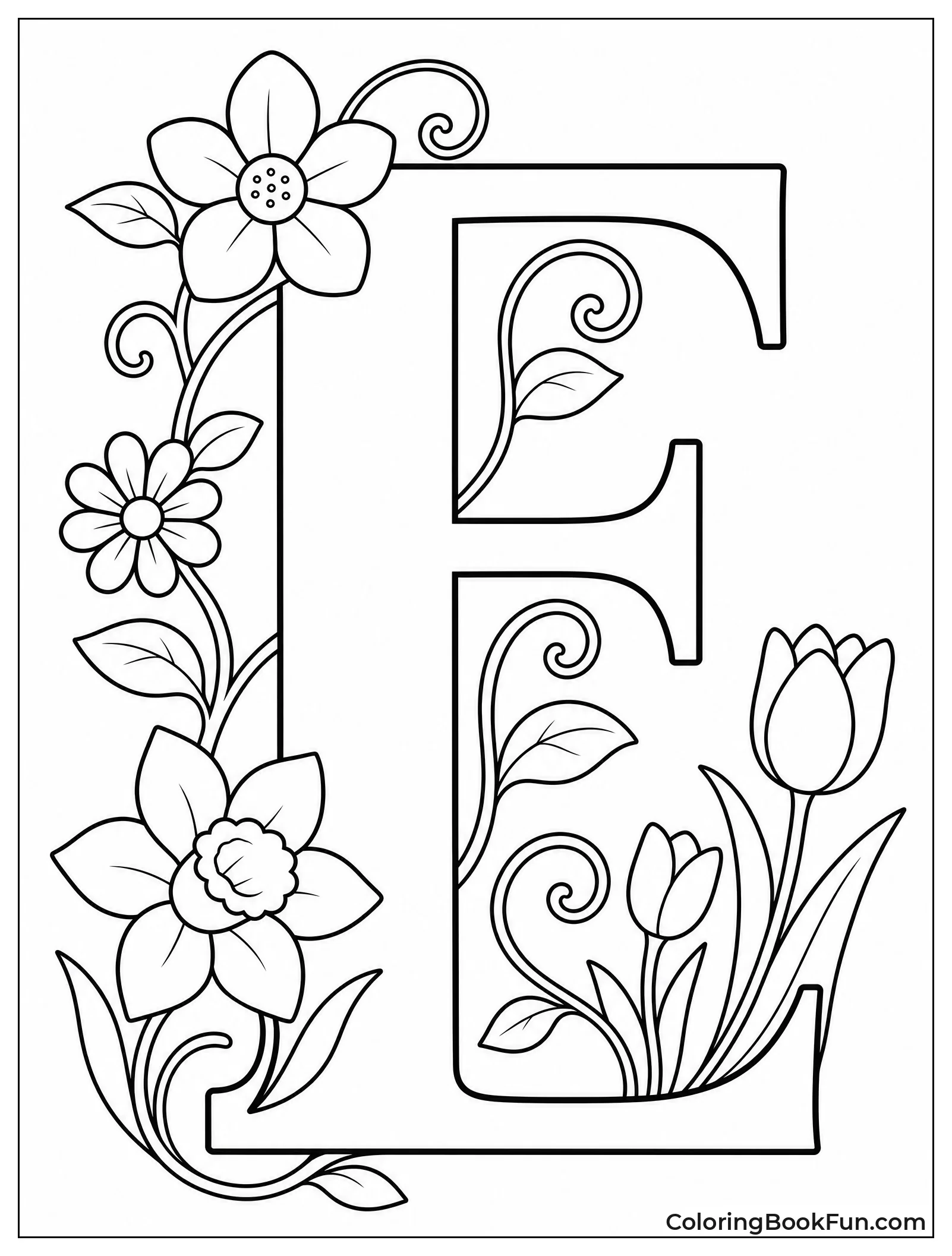 Uppercase E with Flowers and Vines