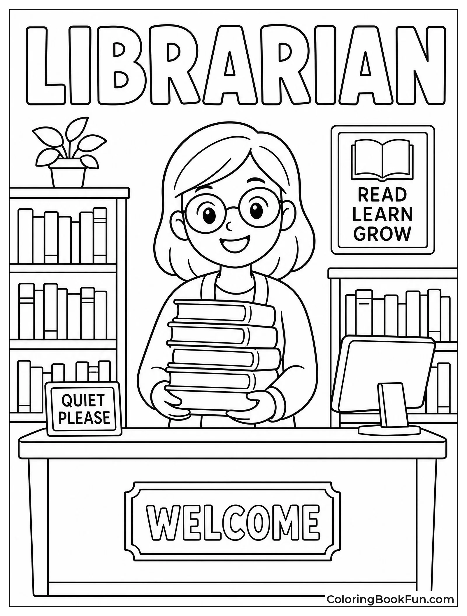 Librarian Smiling with Stack of Books