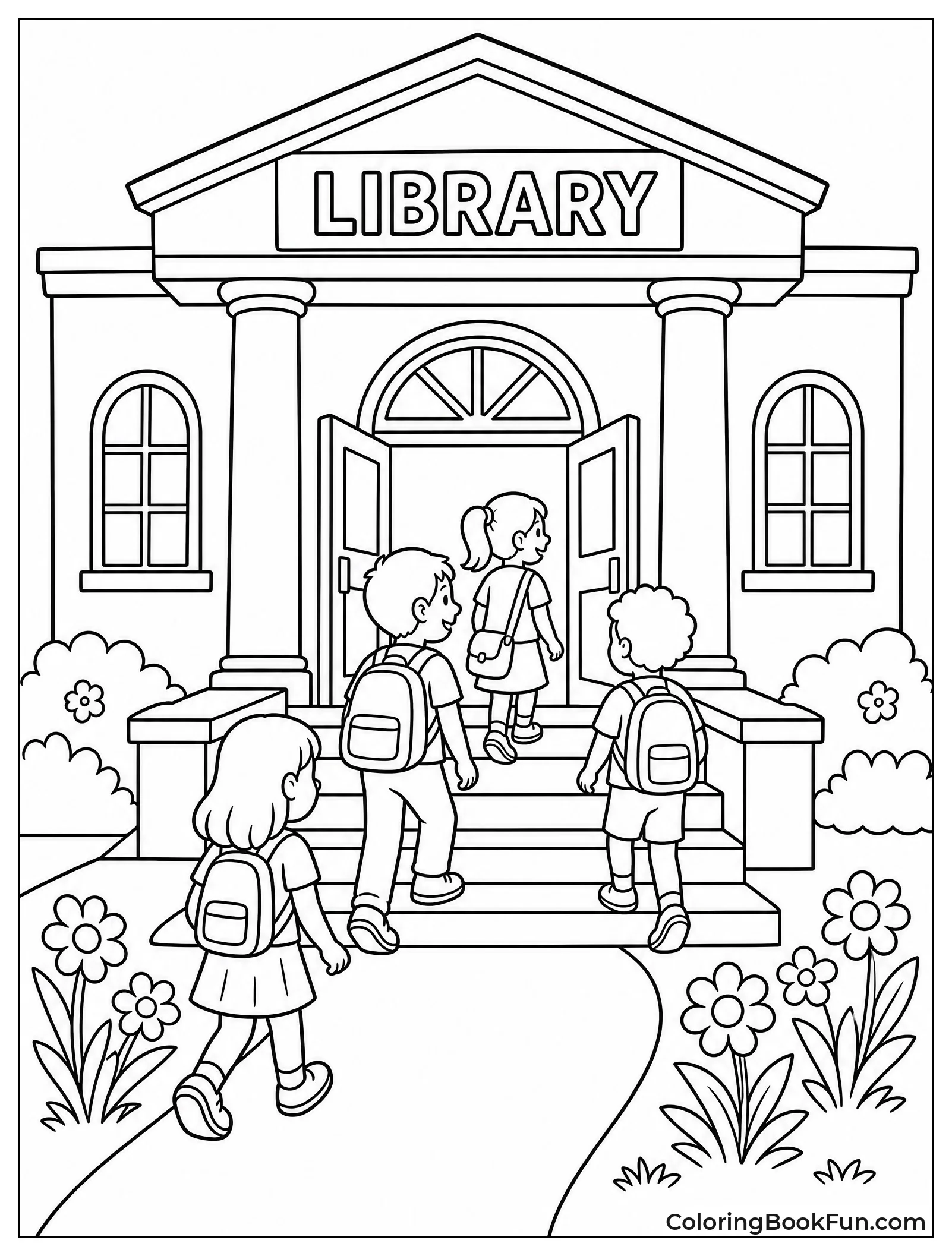 Kids Walking to Library on Sunny Day