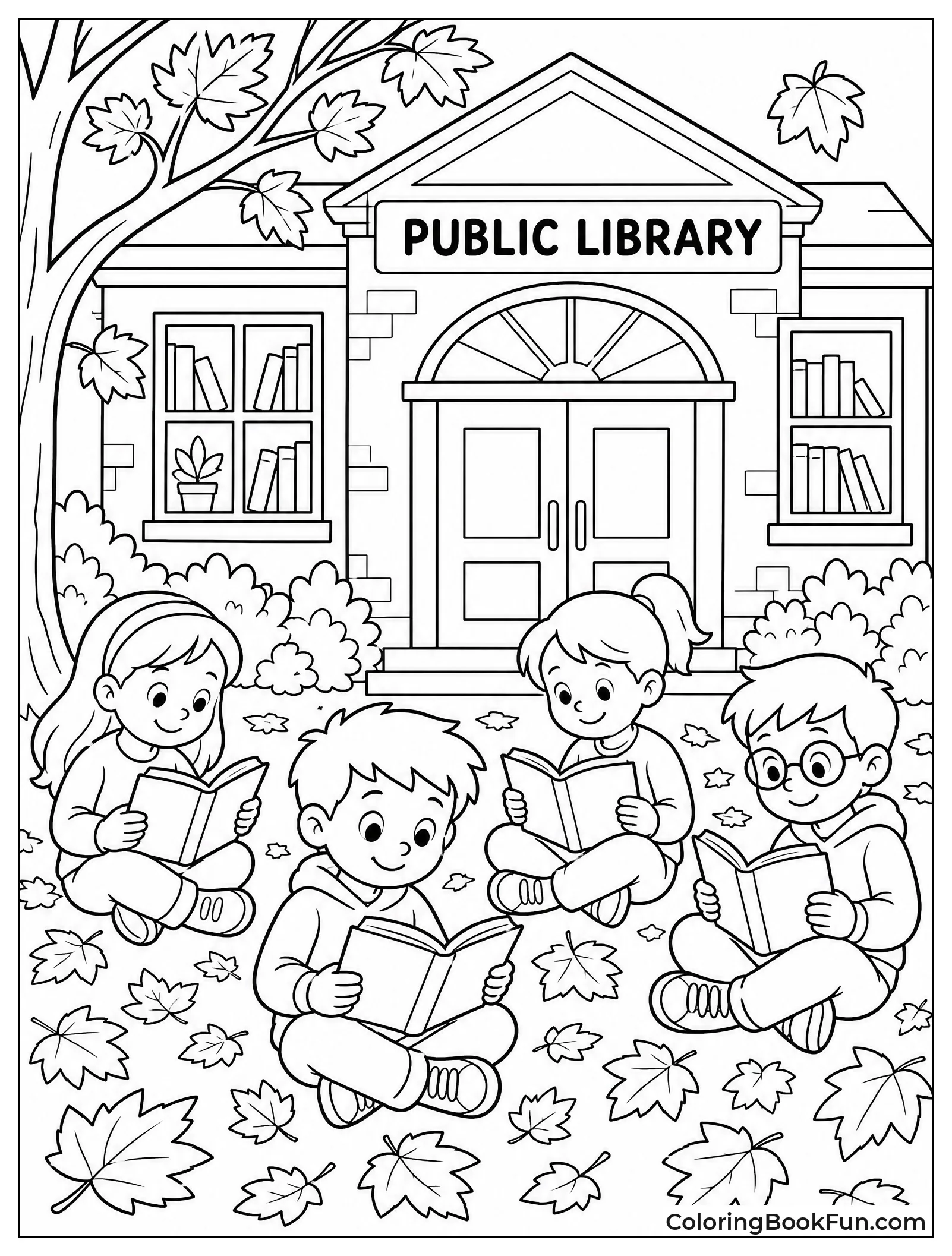Kids Reading Under Trees in Fall