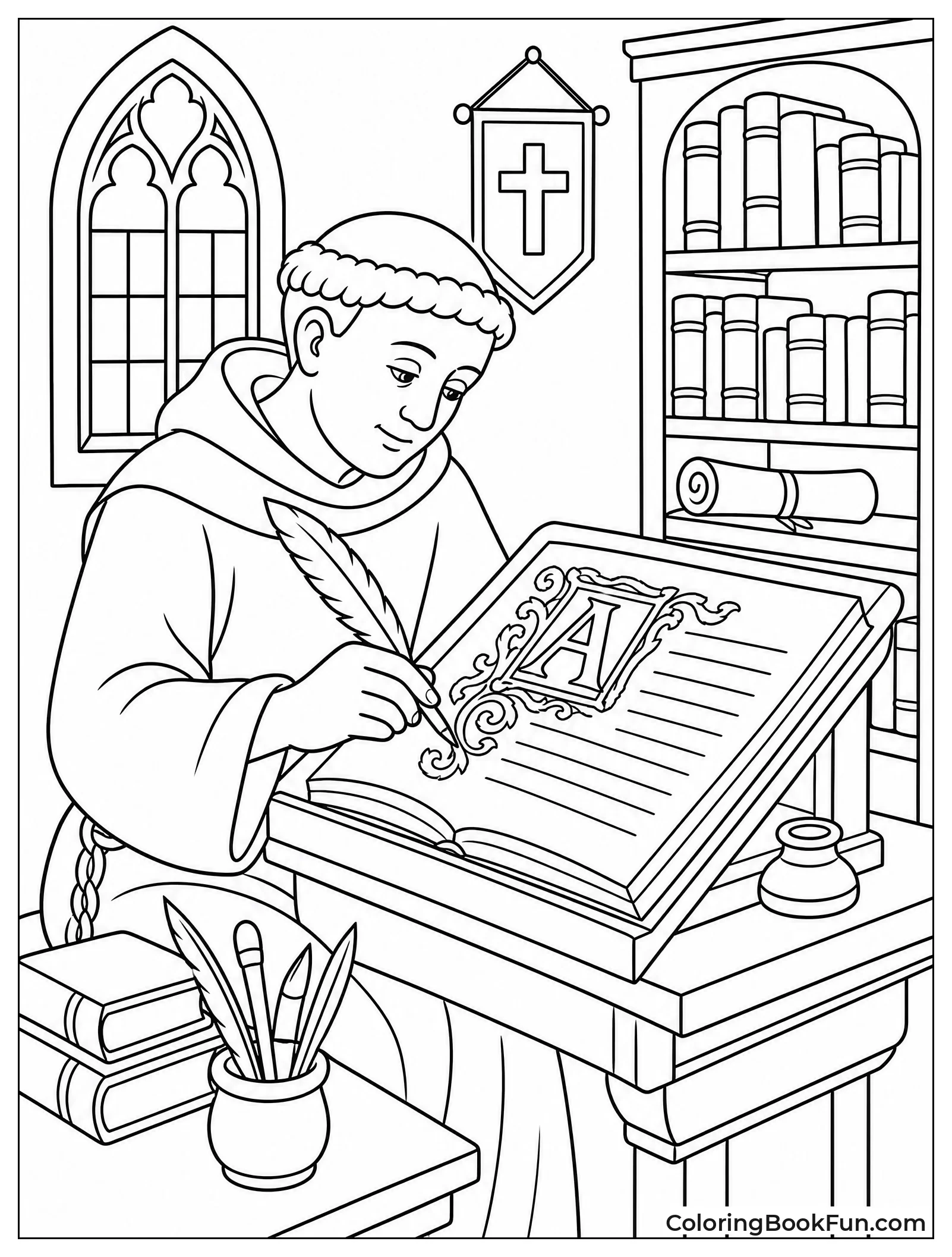 Monk Writing in Old Monastery Library