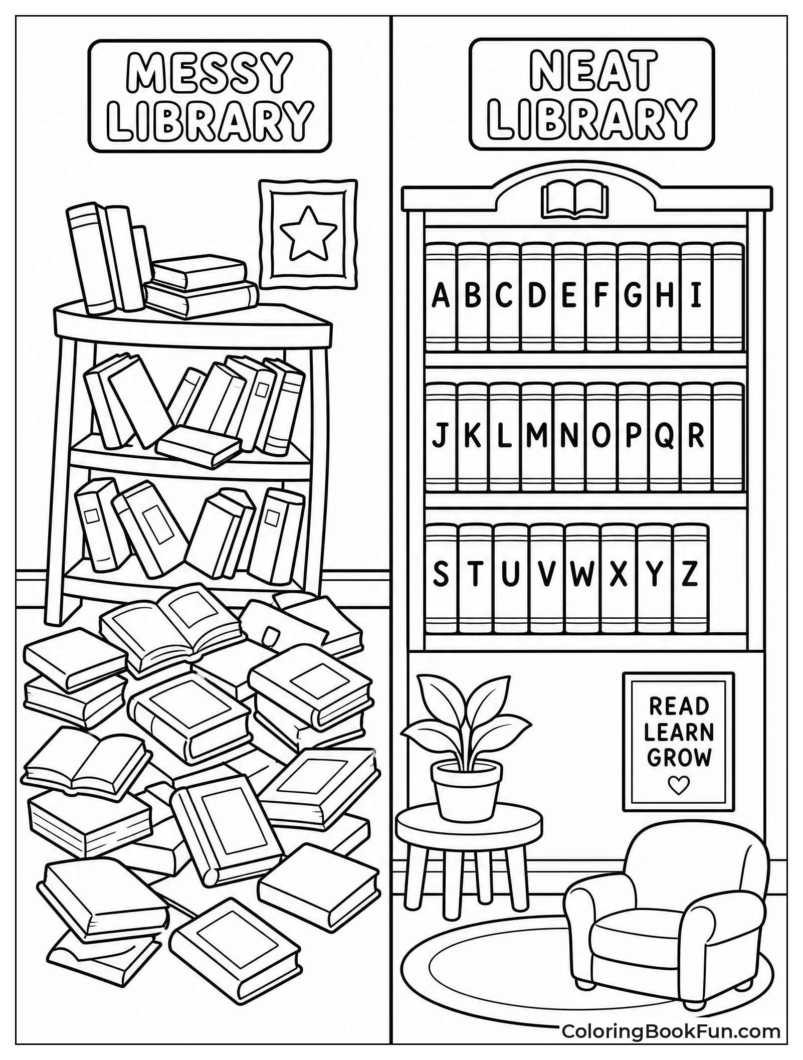 Messy Books Next to Tidy Shelf