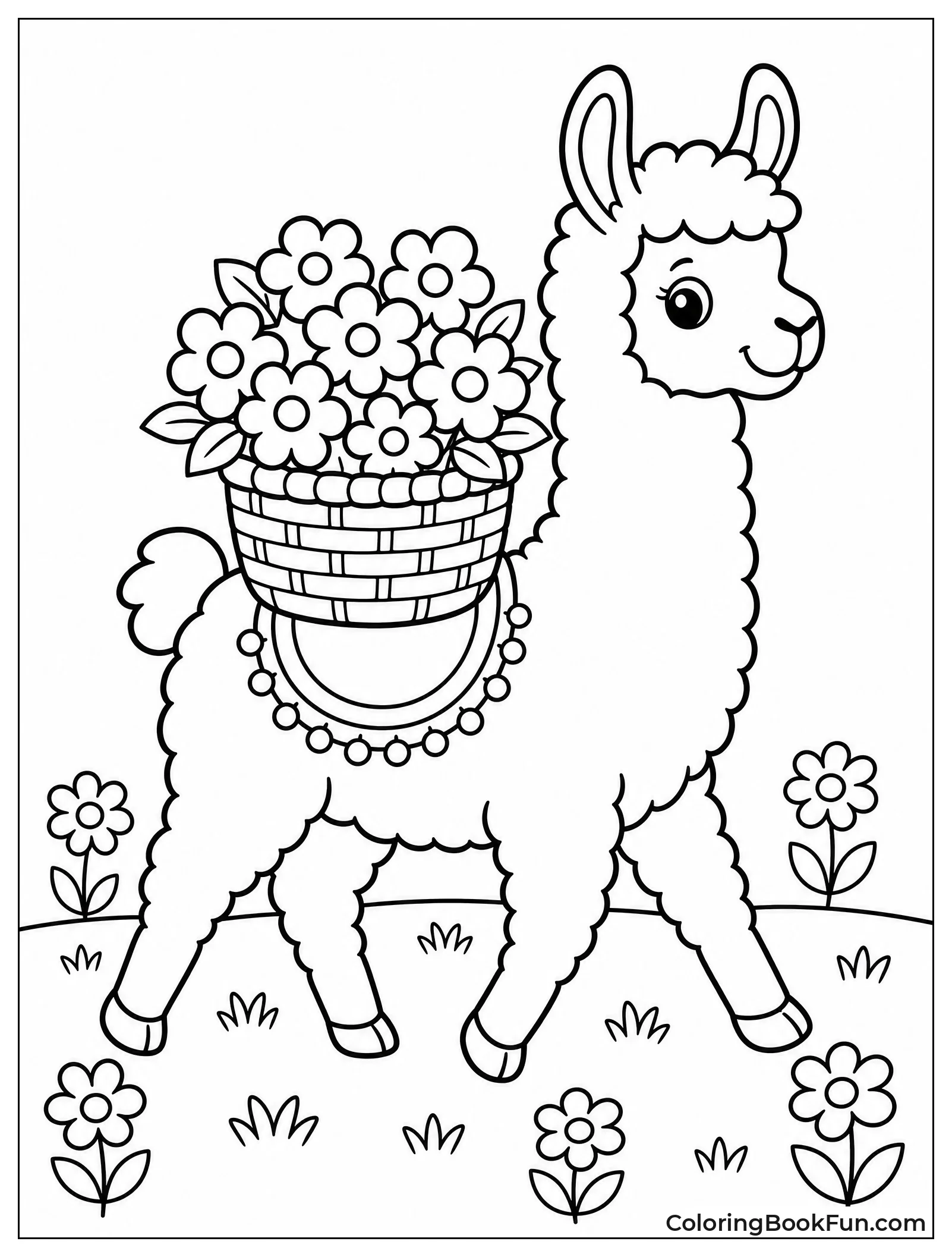 Llama Carrying Basket of Flowers