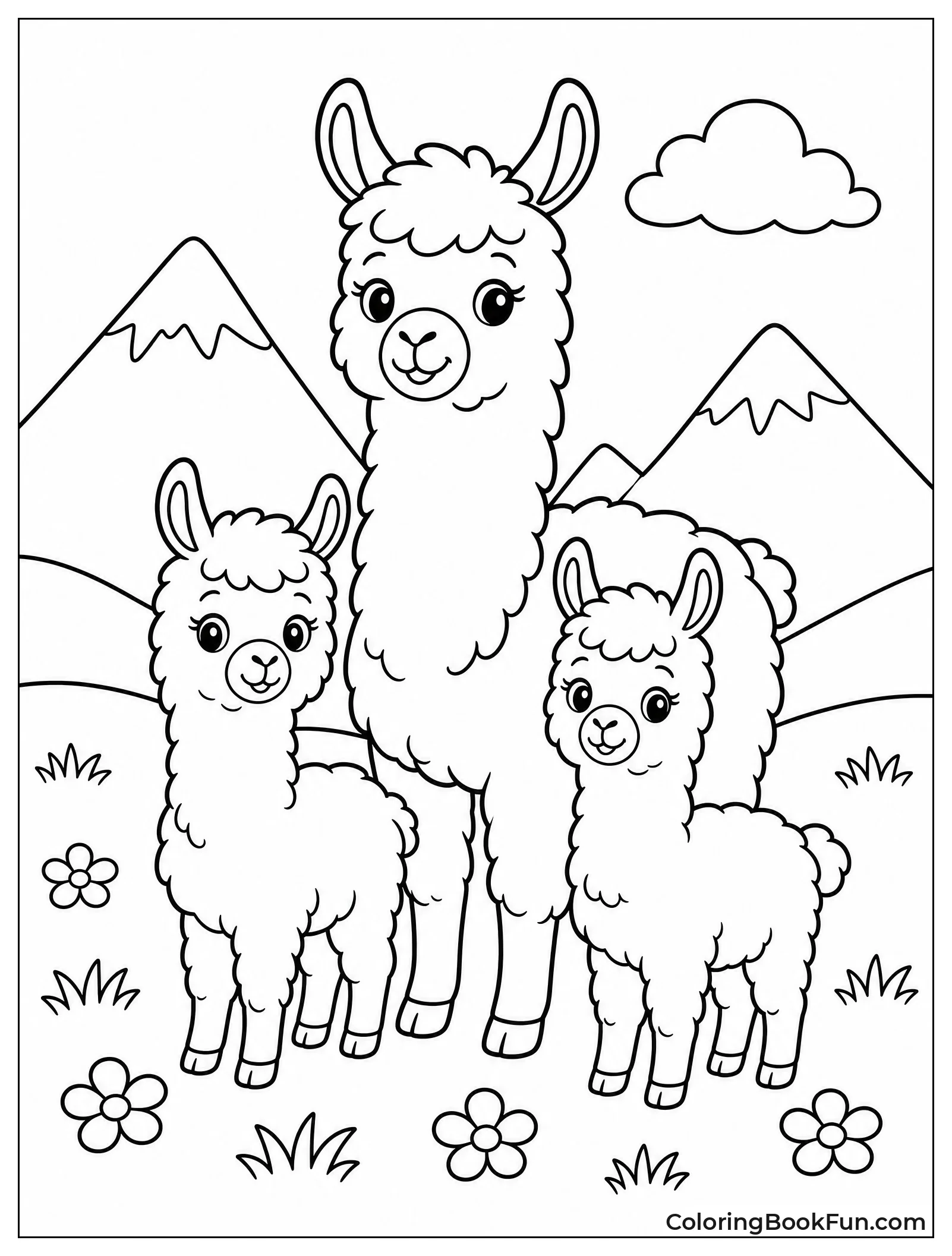 Family of Llamas in Meadow