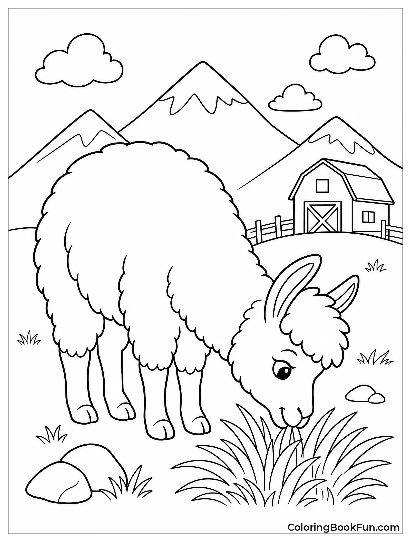 Llama Grazing Near Old Barn