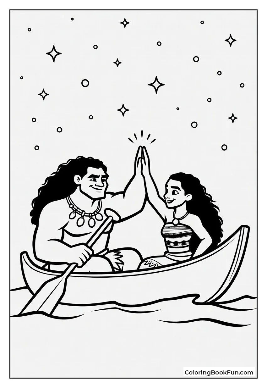 Maui and Moana High Five on Canoe