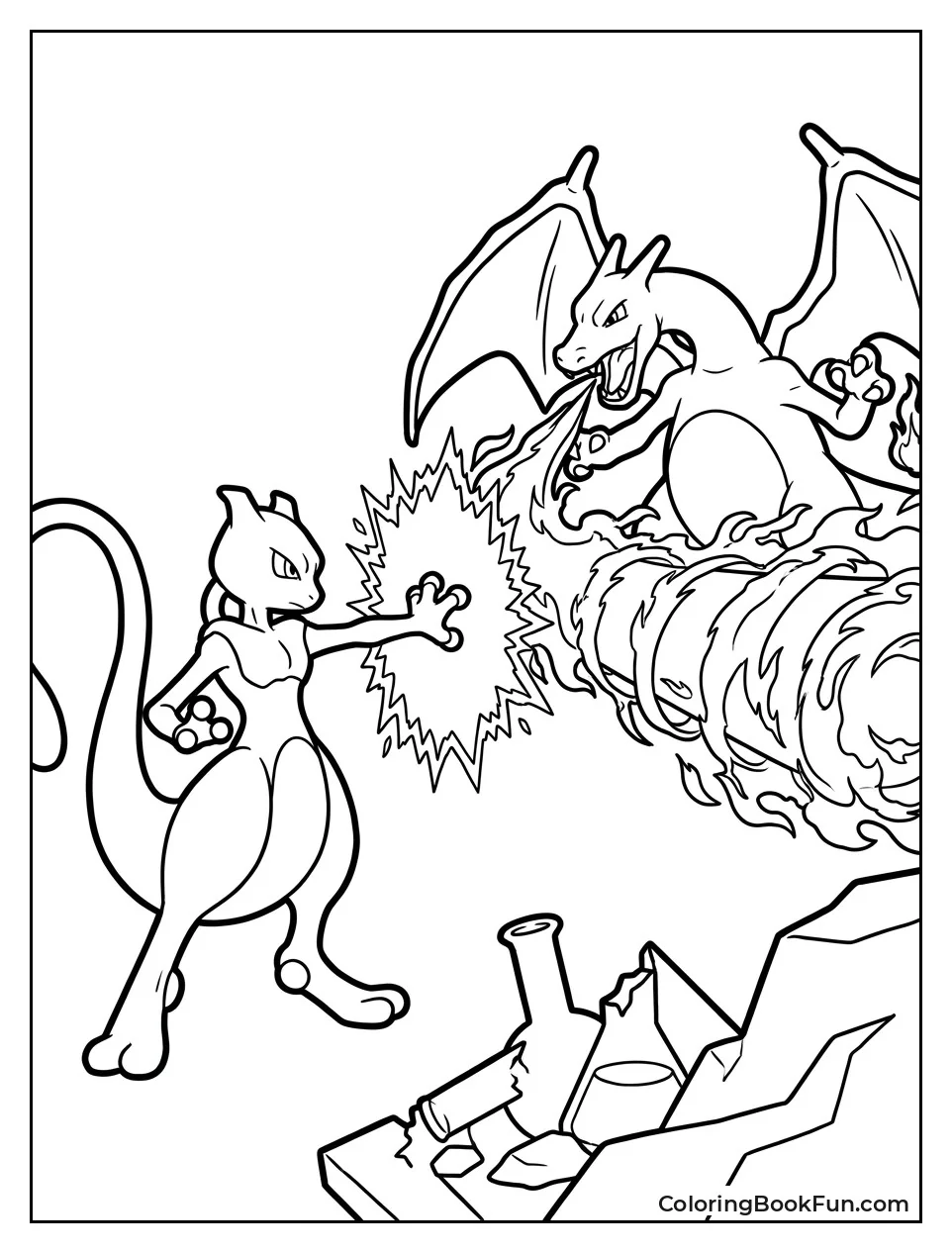 Mewtwo Deflects Charizard Flamethrower with Psychic Power