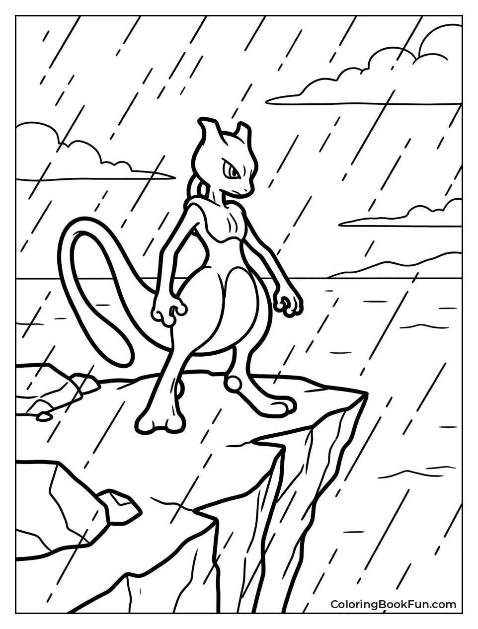 Mewtwo Stands Alone on Rainy Cliffside