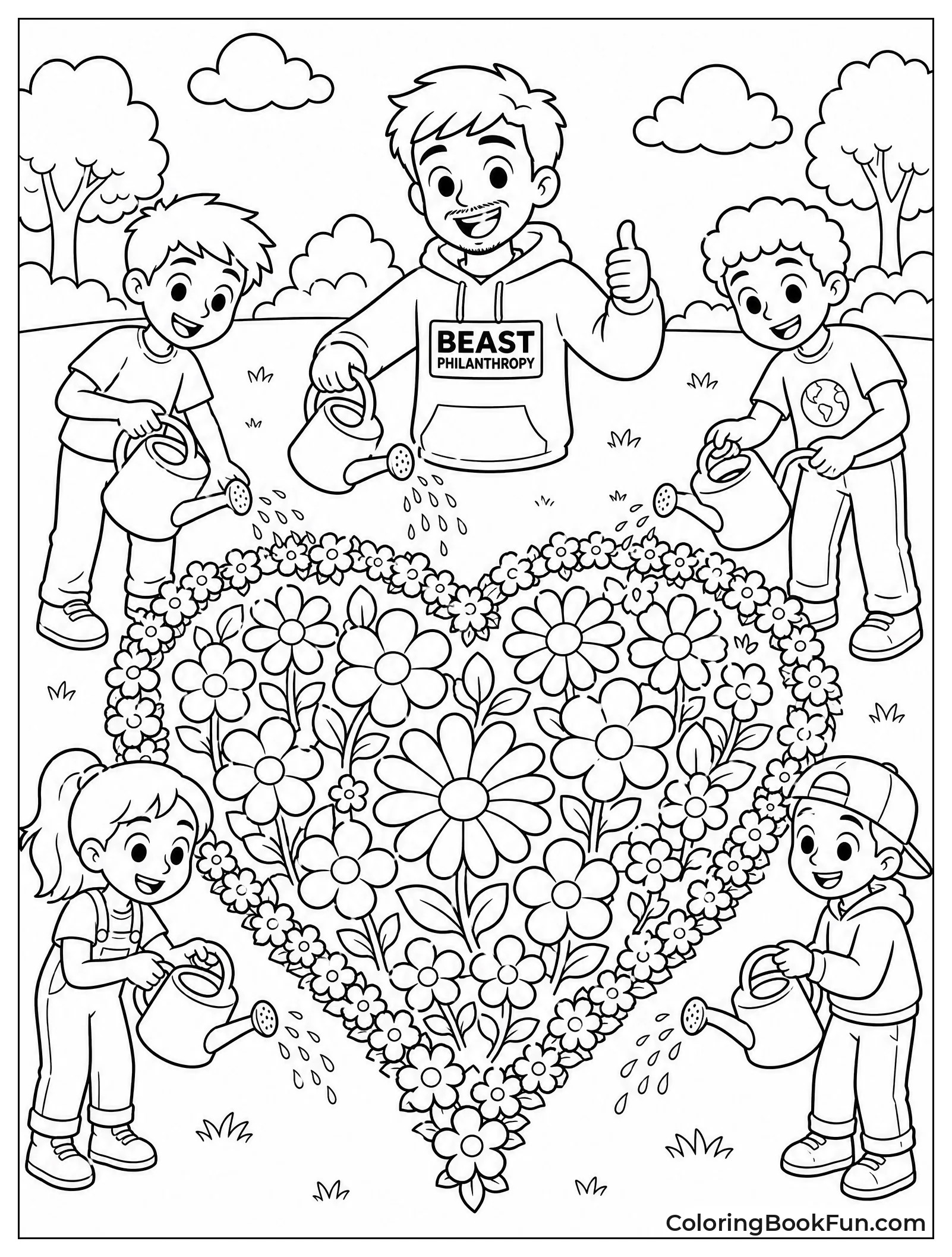 Friends Watering Heart Shaped Flowers