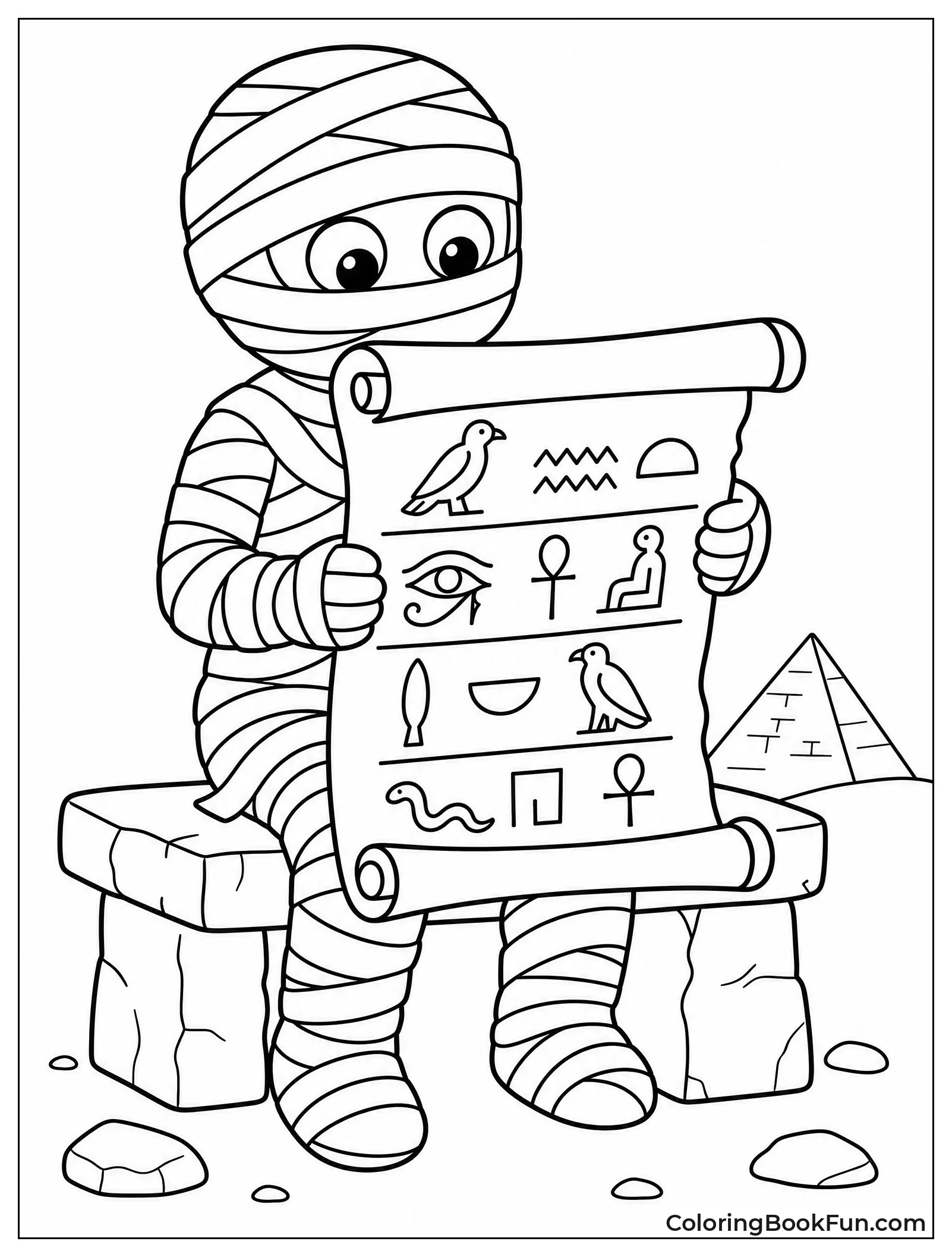 Mummy Reading Scroll on Bench