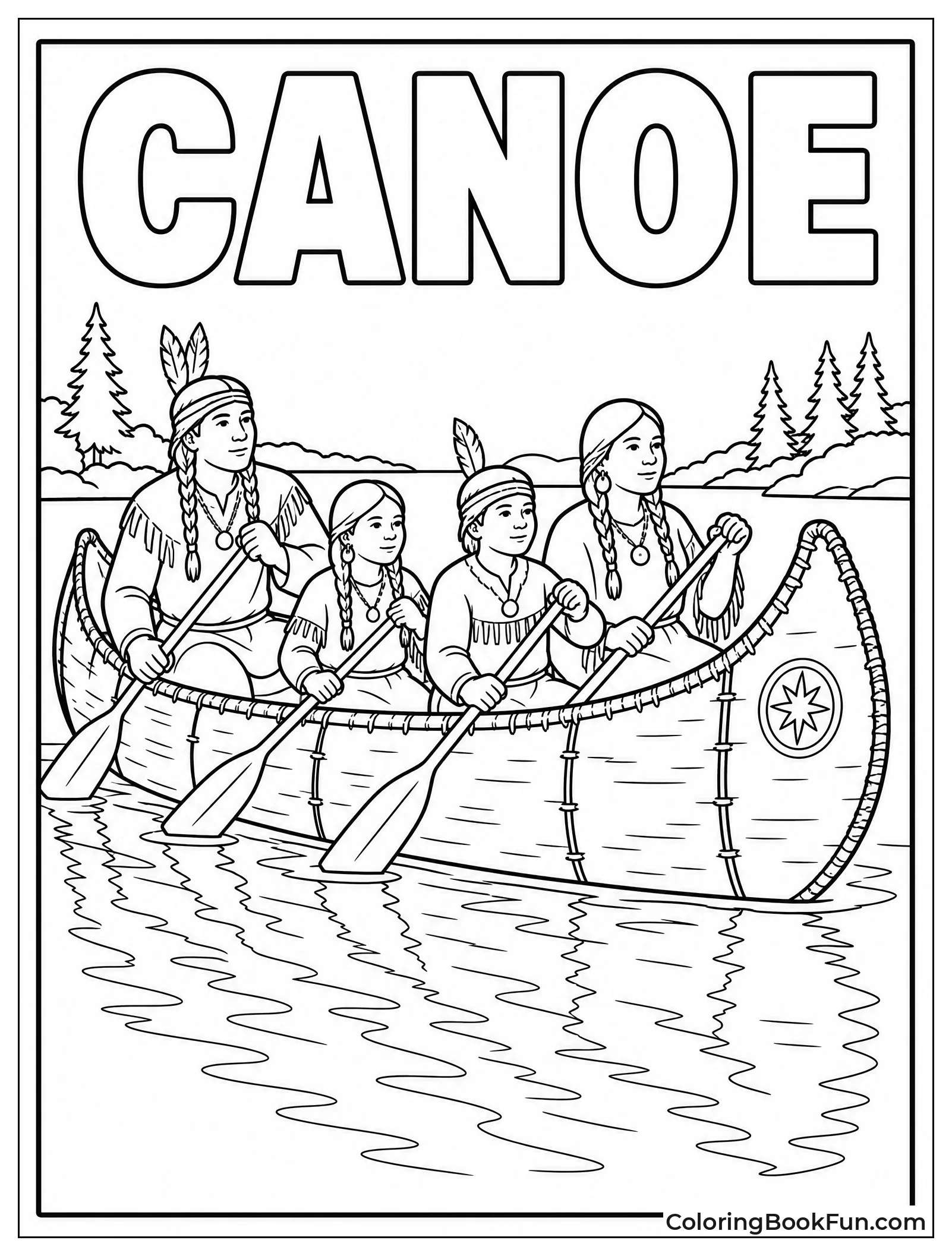 Group Paddling Canoe Across Lake