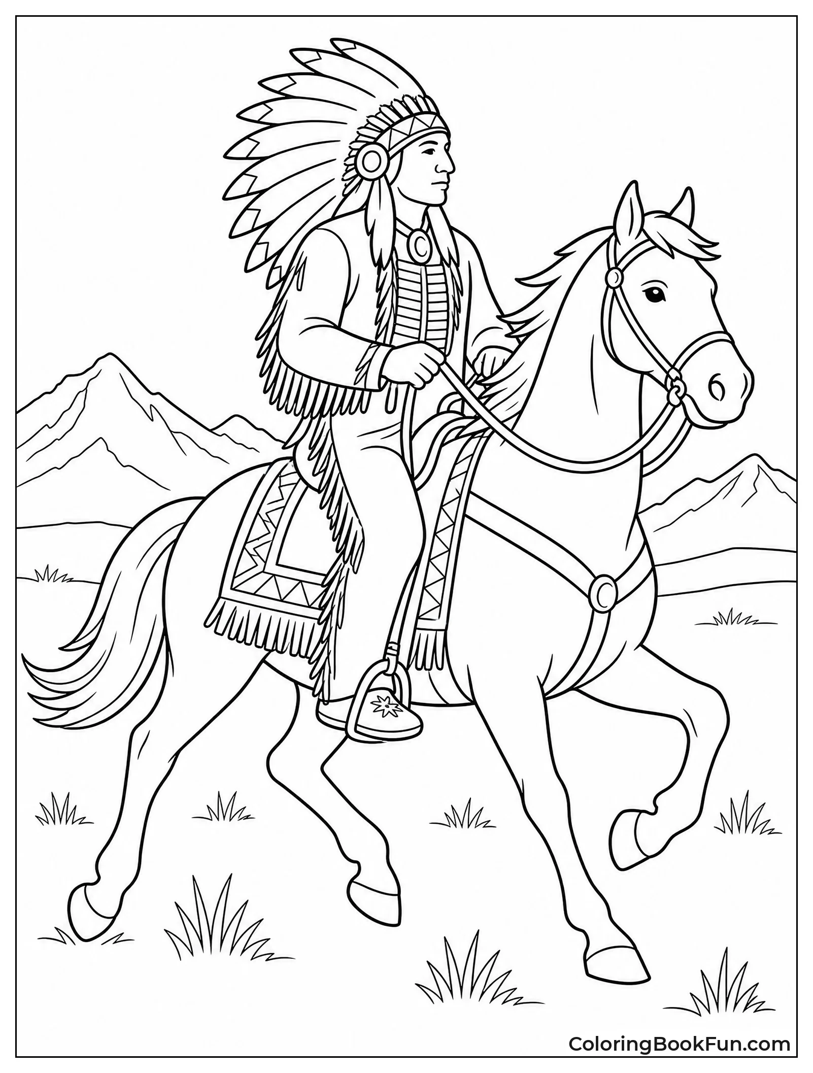Chief Riding Horse Across Open Plains
