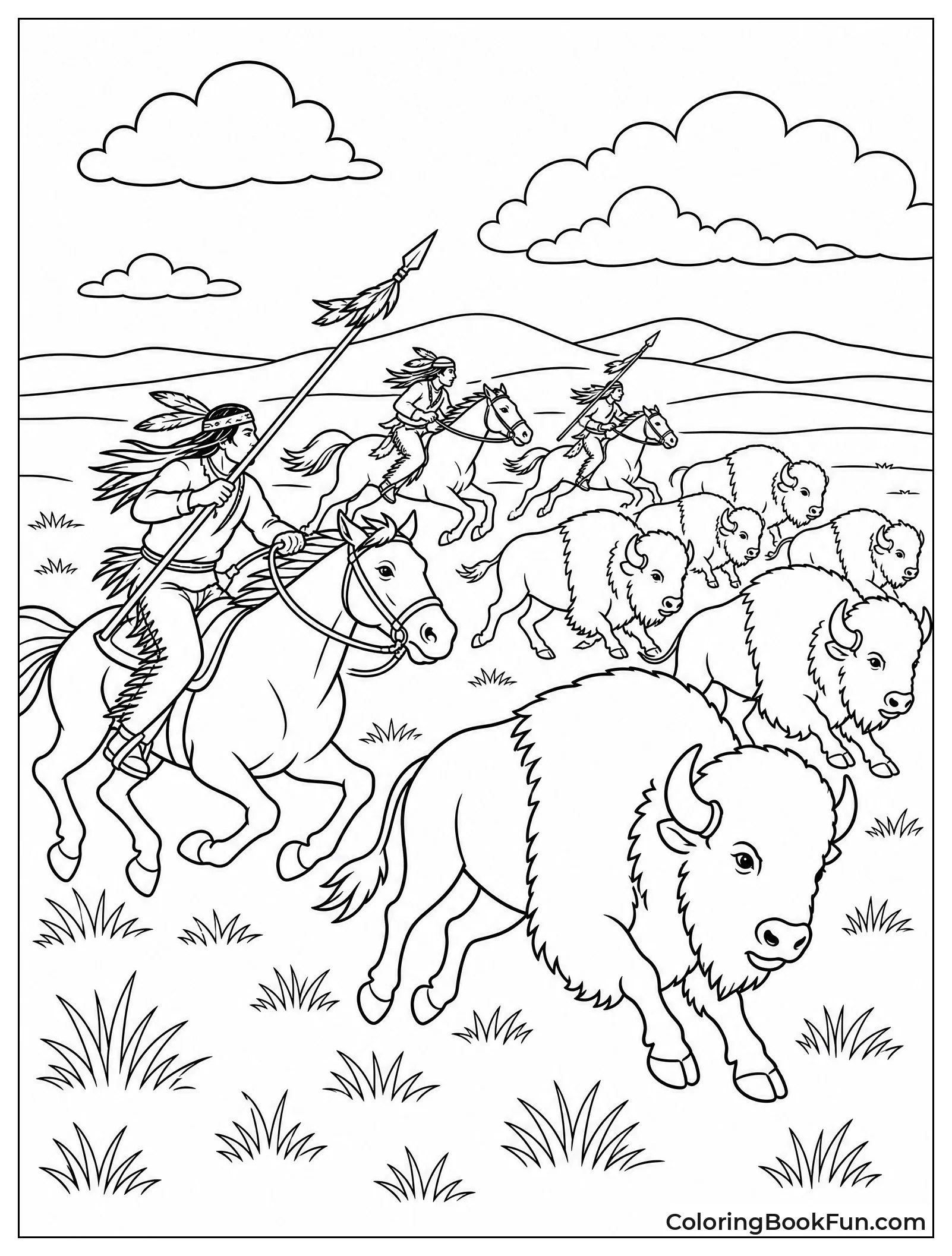 Hunters Chasing Buffalo Herd on Plains