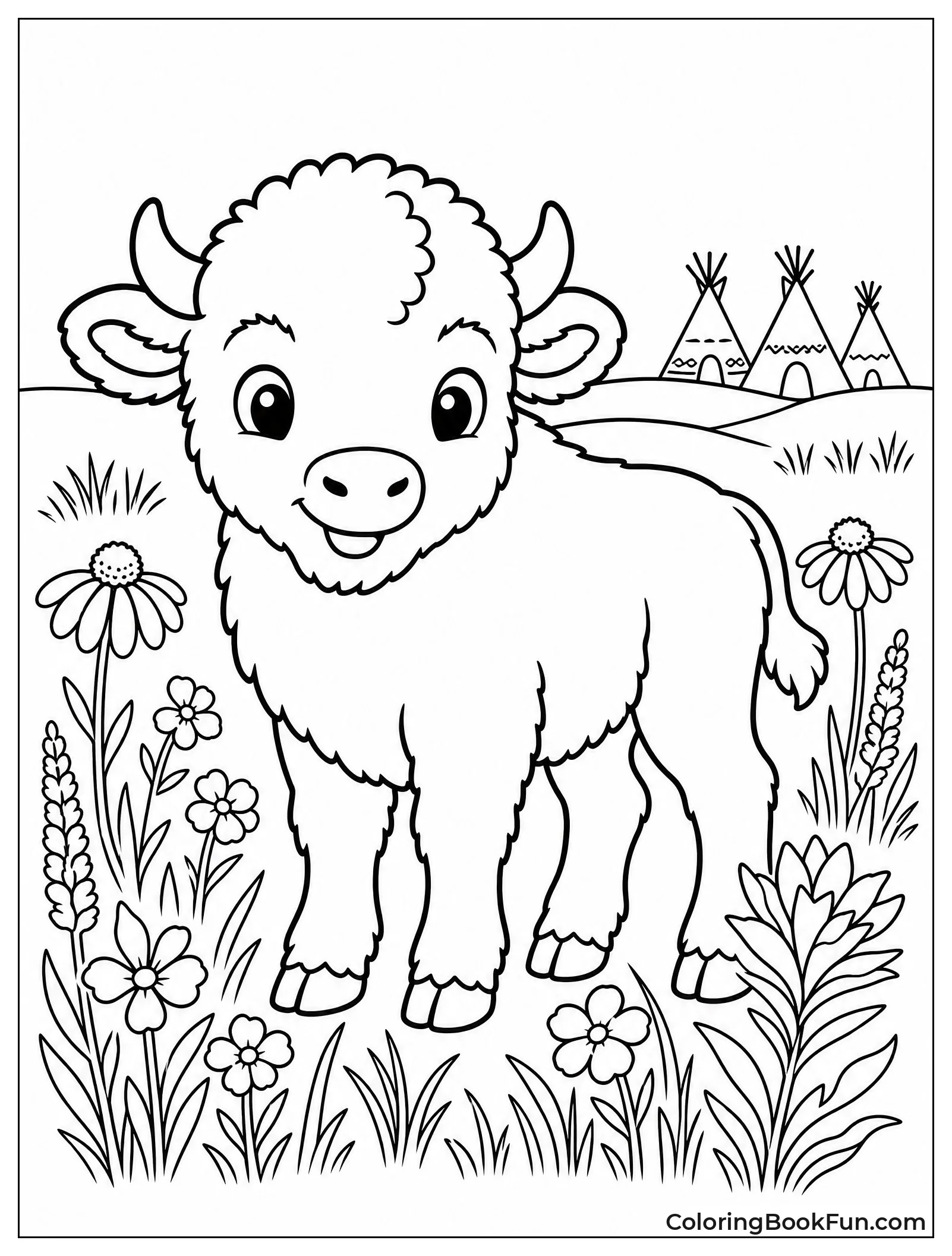 Cute Cartoon Bison Calf in Flowers