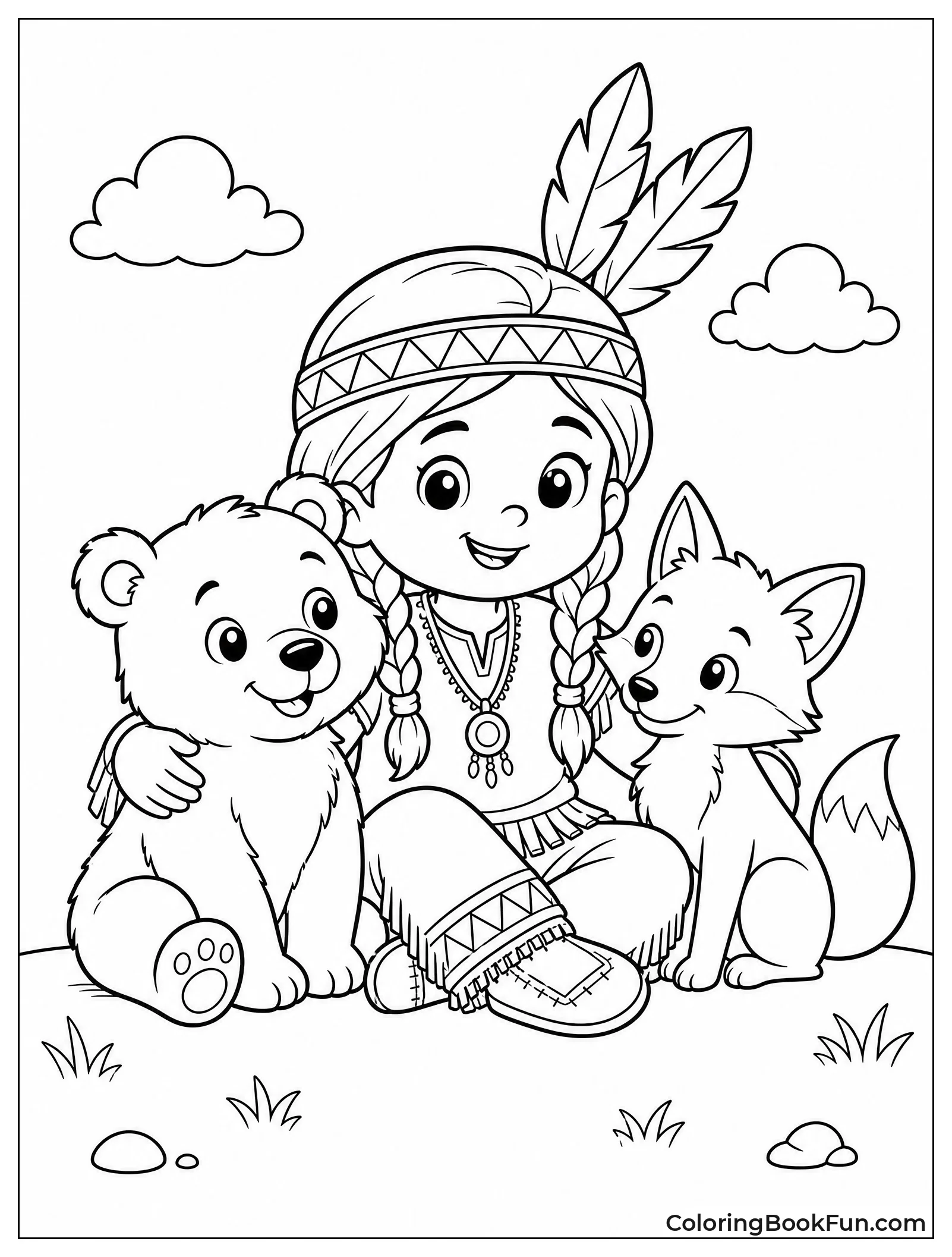 Cute Child Sitting with Bear and Fox