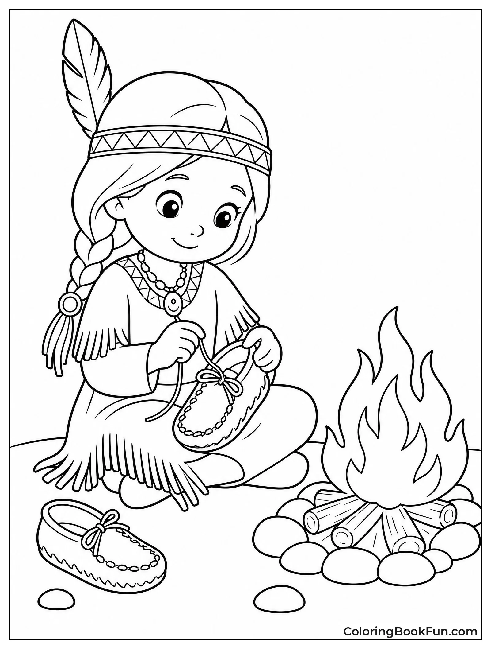 Girl Stitching Moccasins by Fire