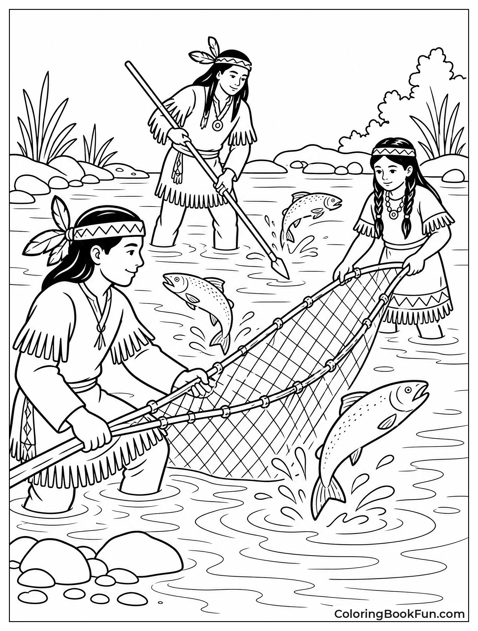 People Spearing Salmon in River