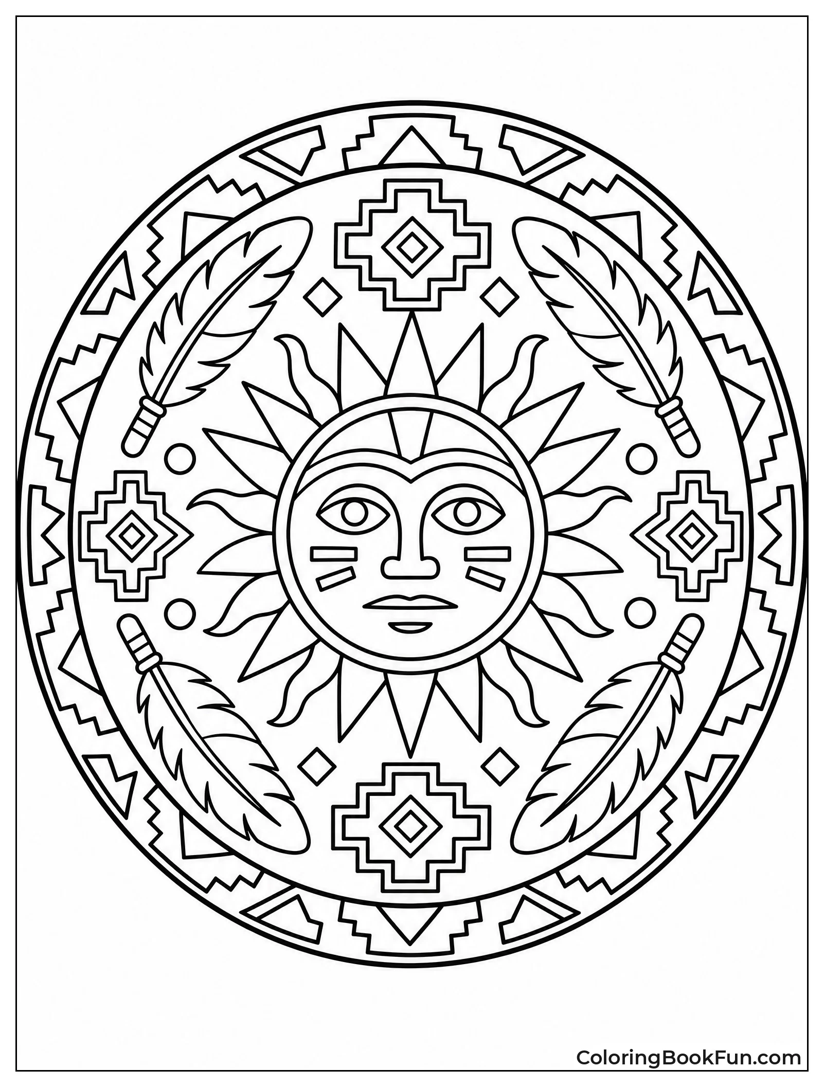 Sun Symbol Mandala with Feathers