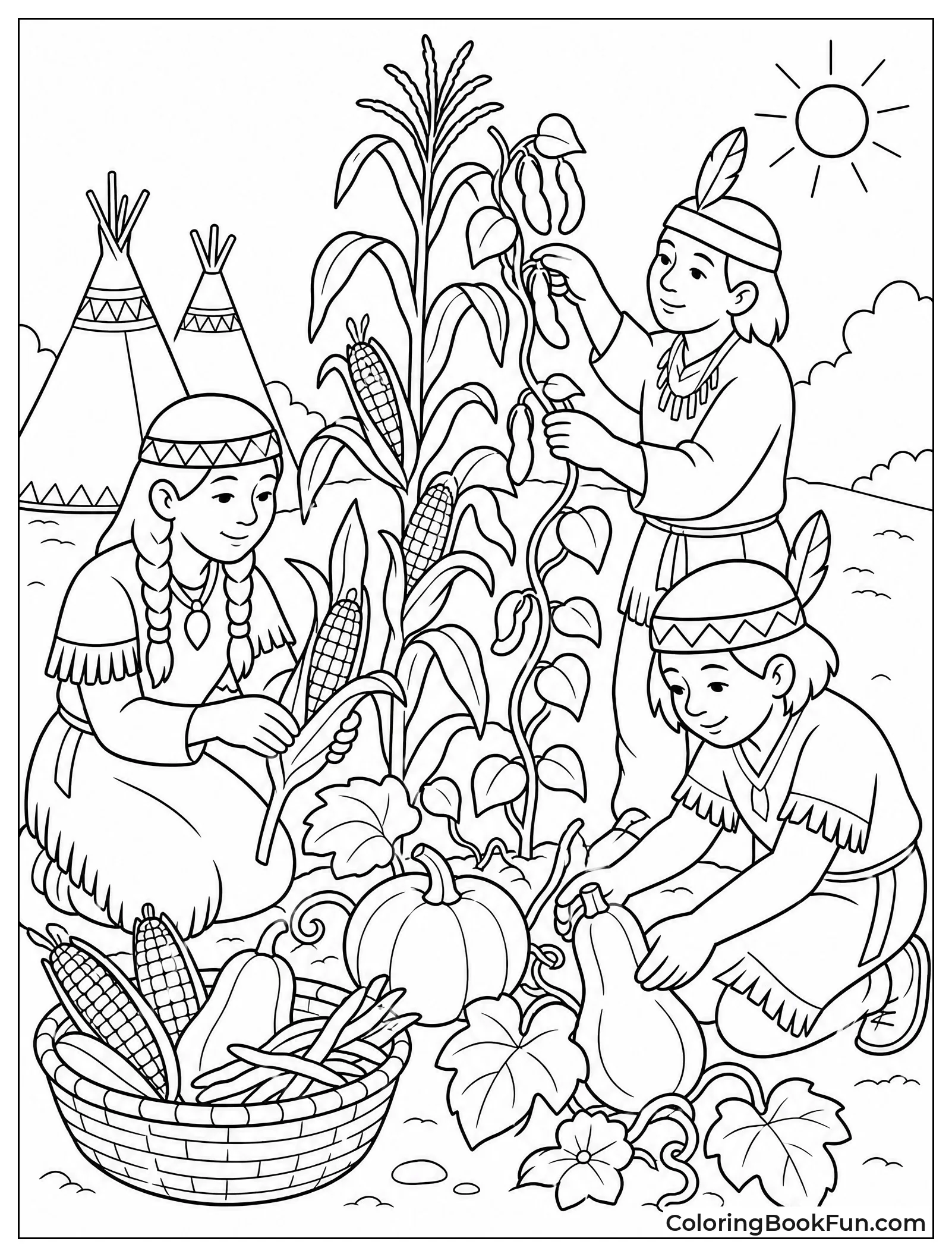 People Harvesting Corn Squash and Beans