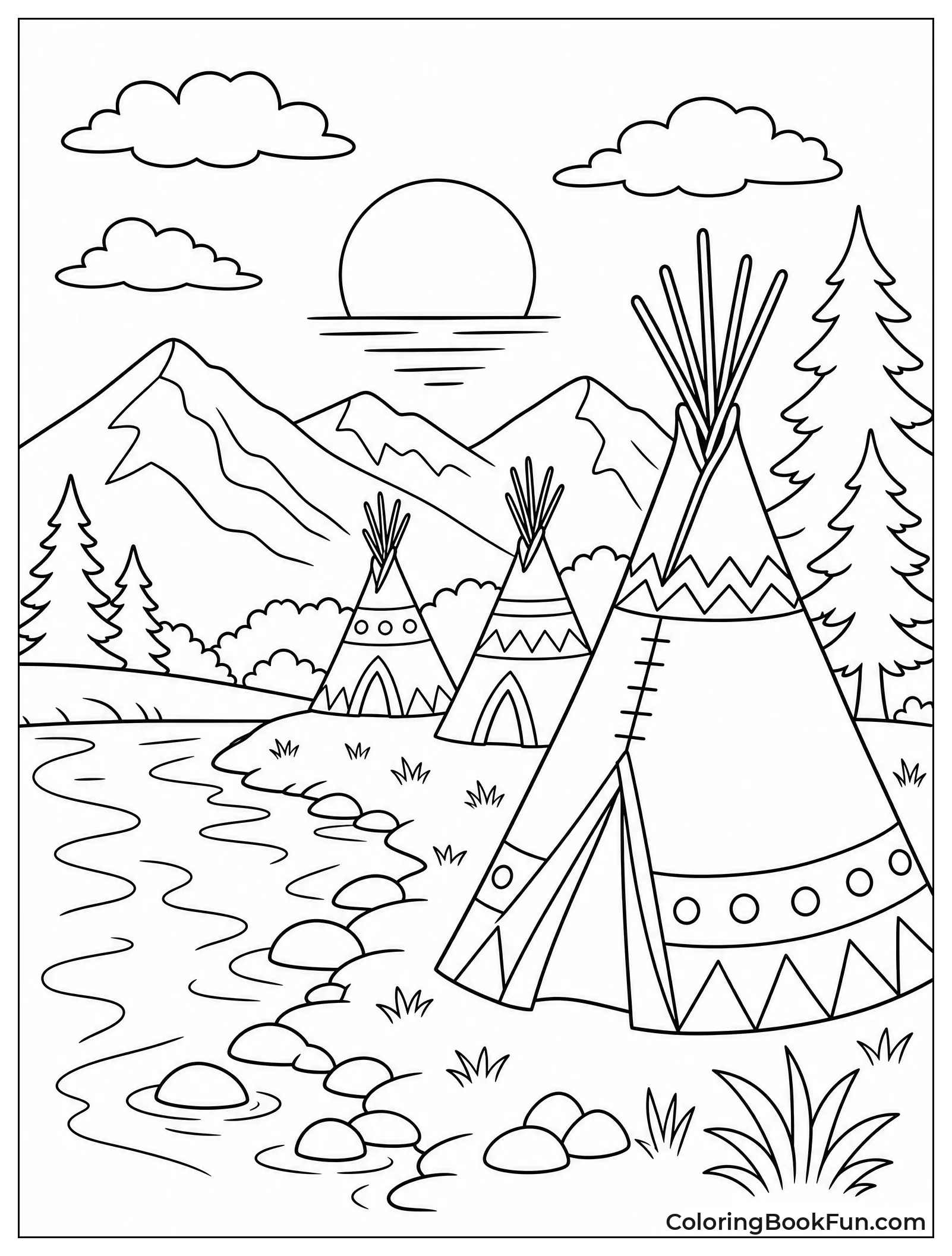 Teepee Village by River at Sunset