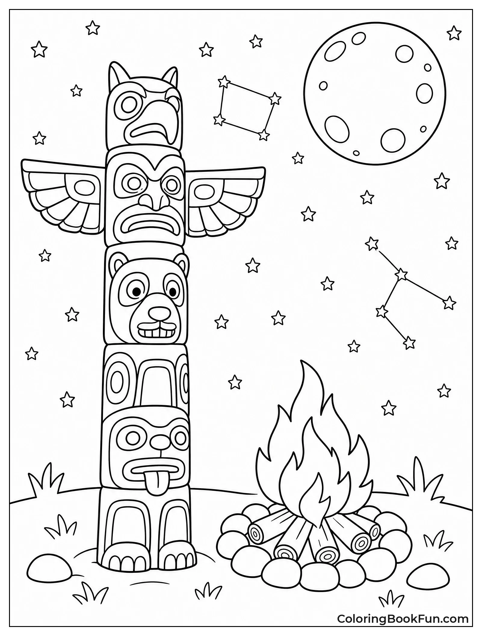 Totem Pole Lit by Campfire at Night