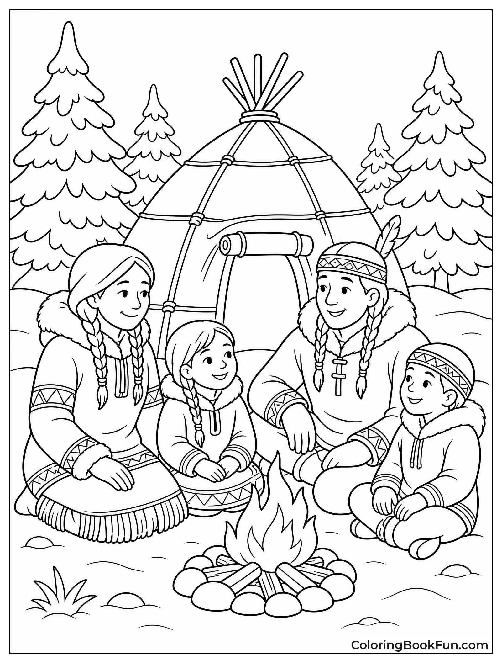 Family Gathered by Fire in Snow