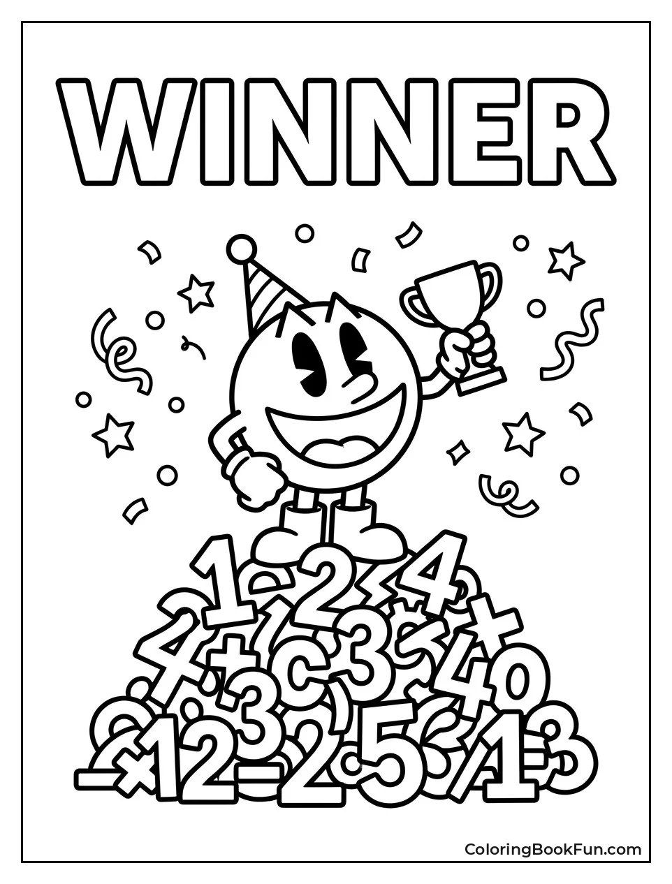 Pac Man Stands on Numbers with Trophy