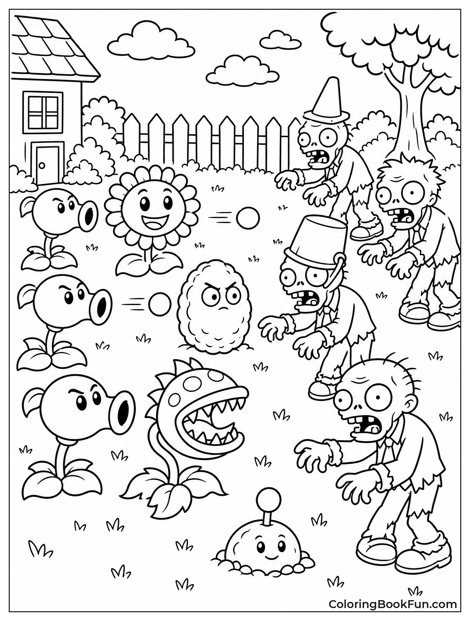 Plants Fighting Zombies on Lawn