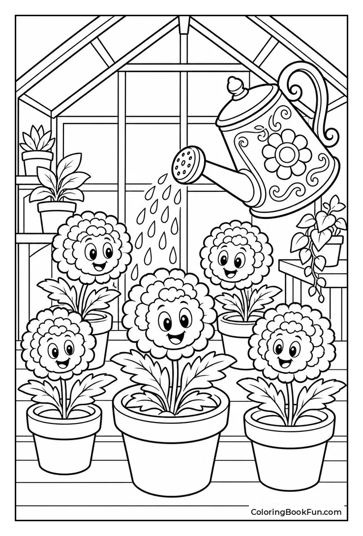 Marigolds Getting Watered in Greenhouse