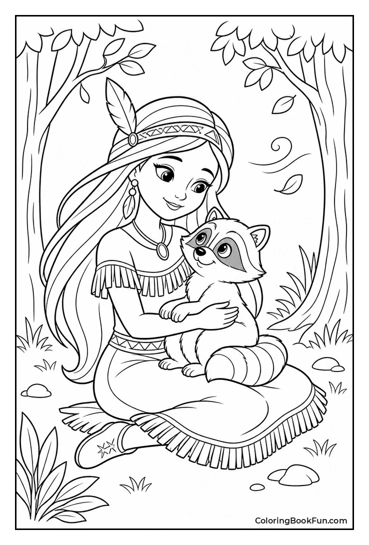 Pocahontas Sits with Meeko in Forest