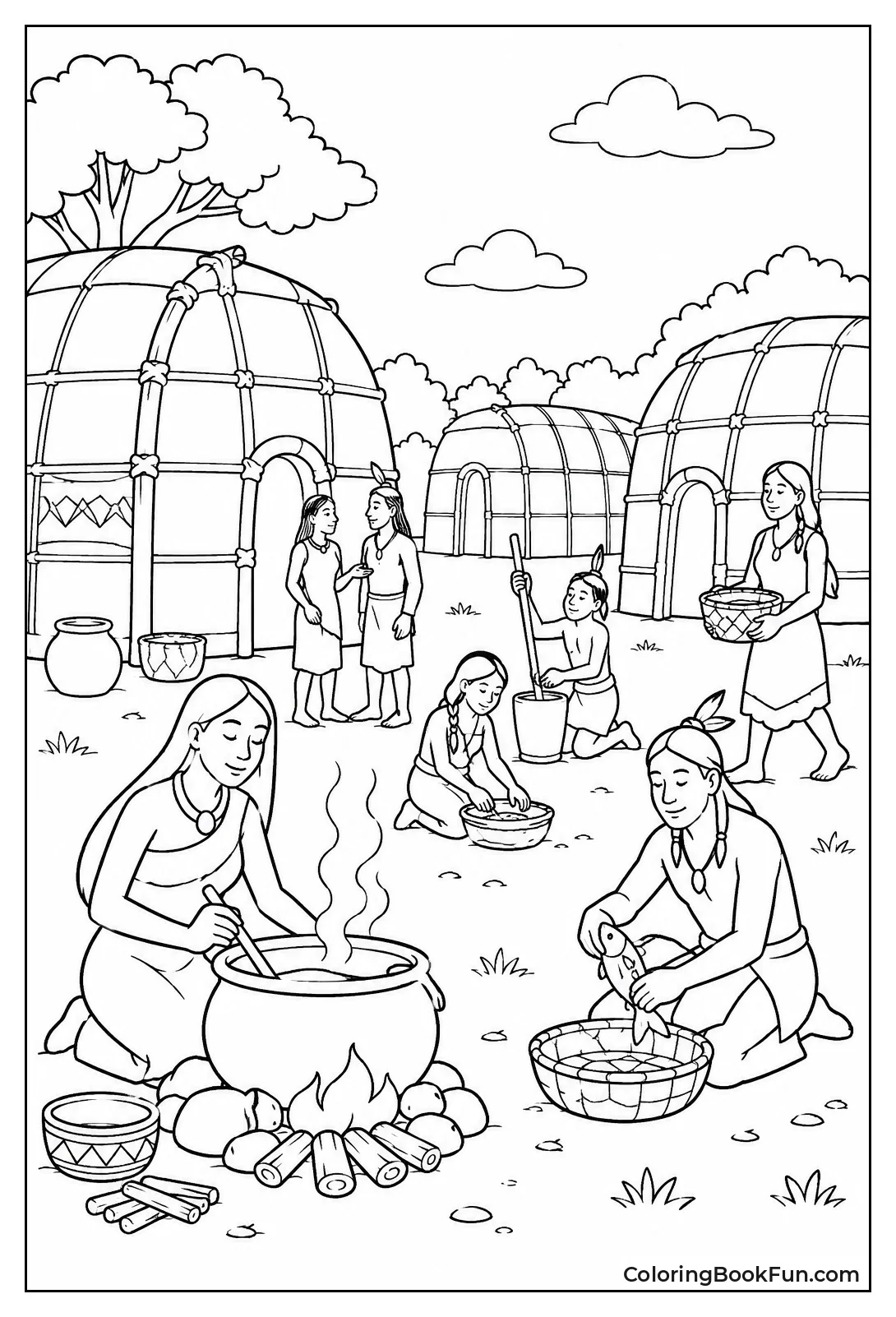 Powhatan Village with Longhouses and Fires