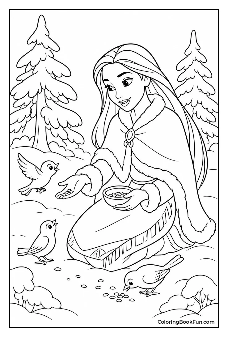 Pocahontas Feeds Birds in Snow