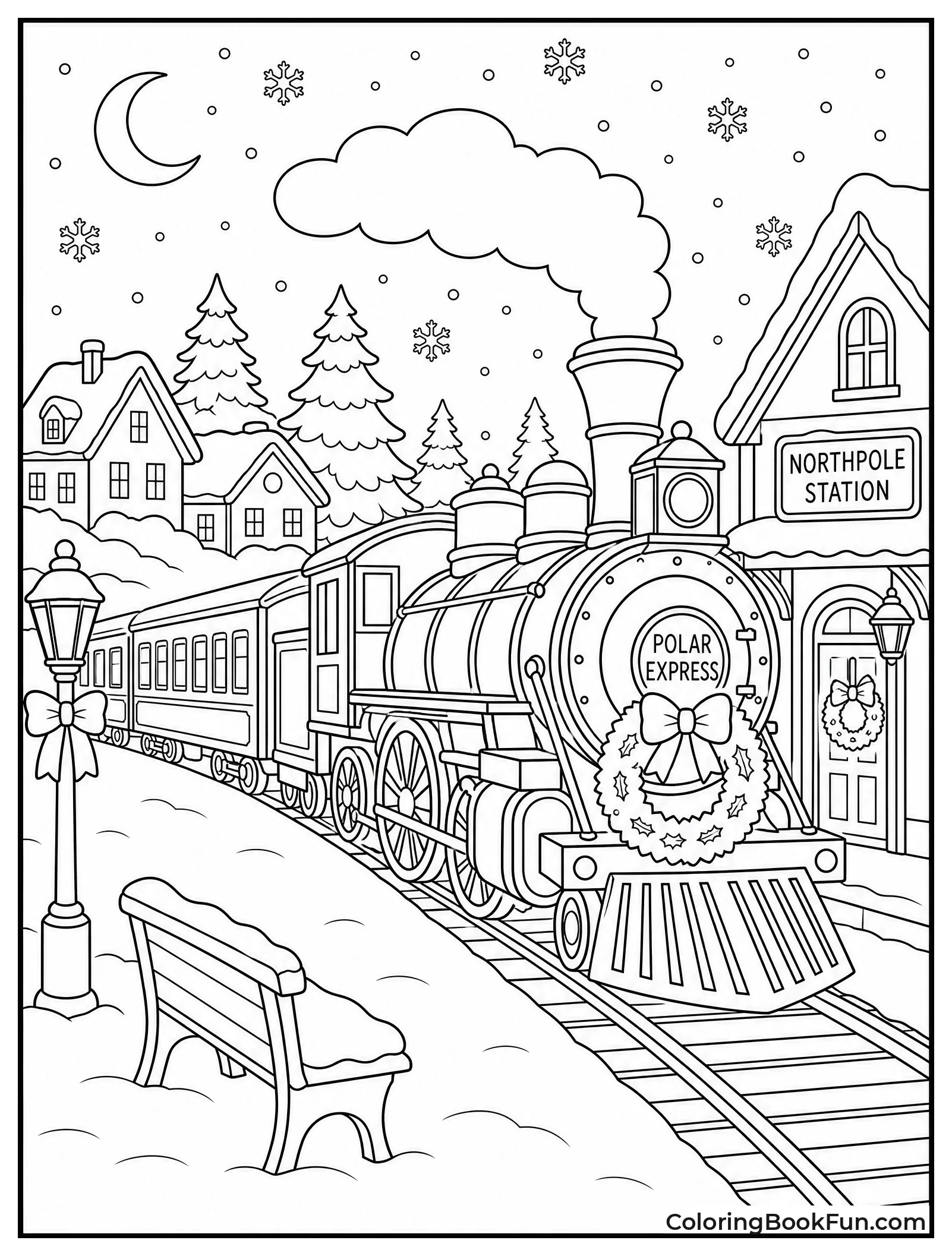 Train Stopping in Snowy Village