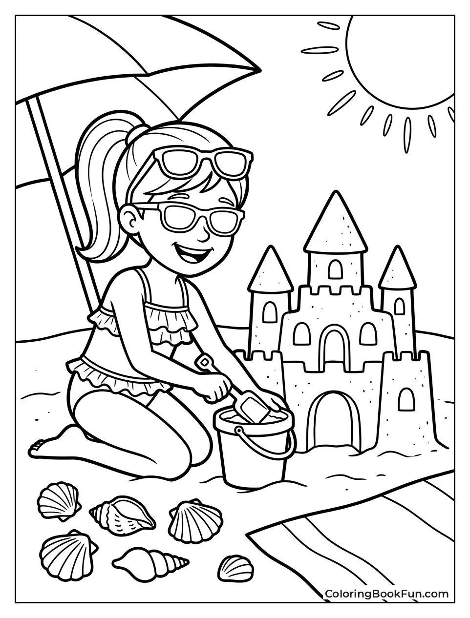 Girl Building Beach Sandcastle