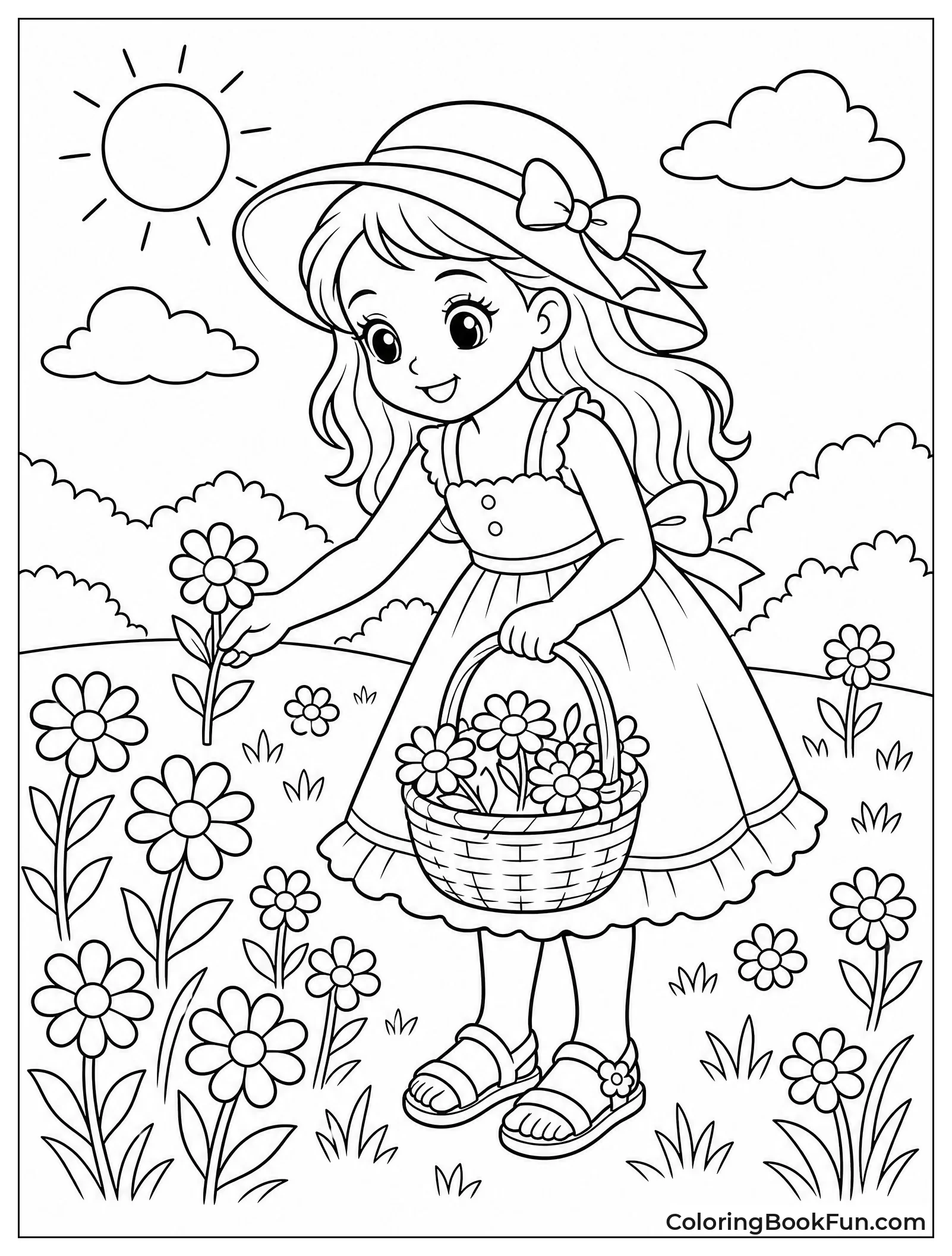 Girl Picking Wildflowers in Field
