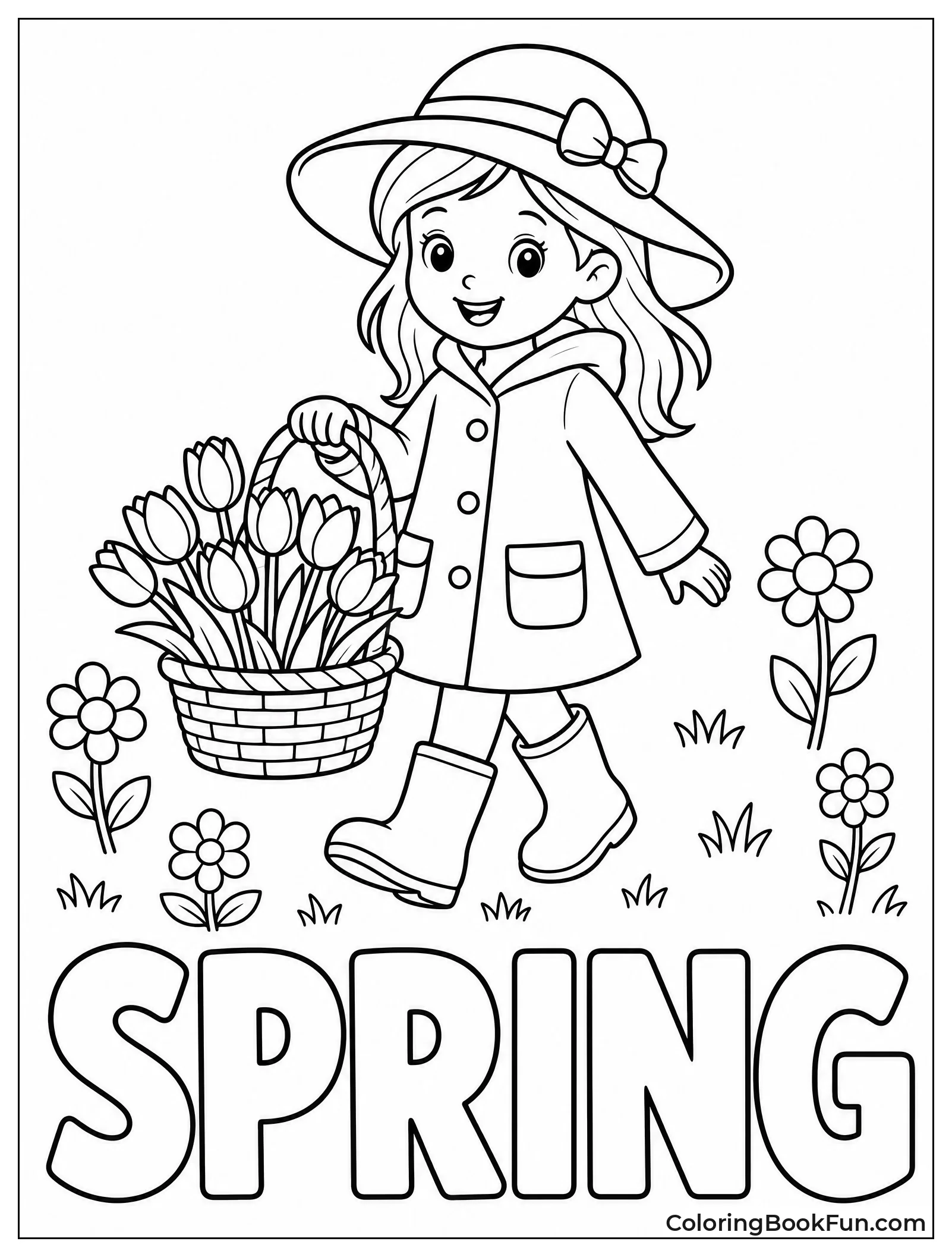 Girl Carrying Basket of Tulips