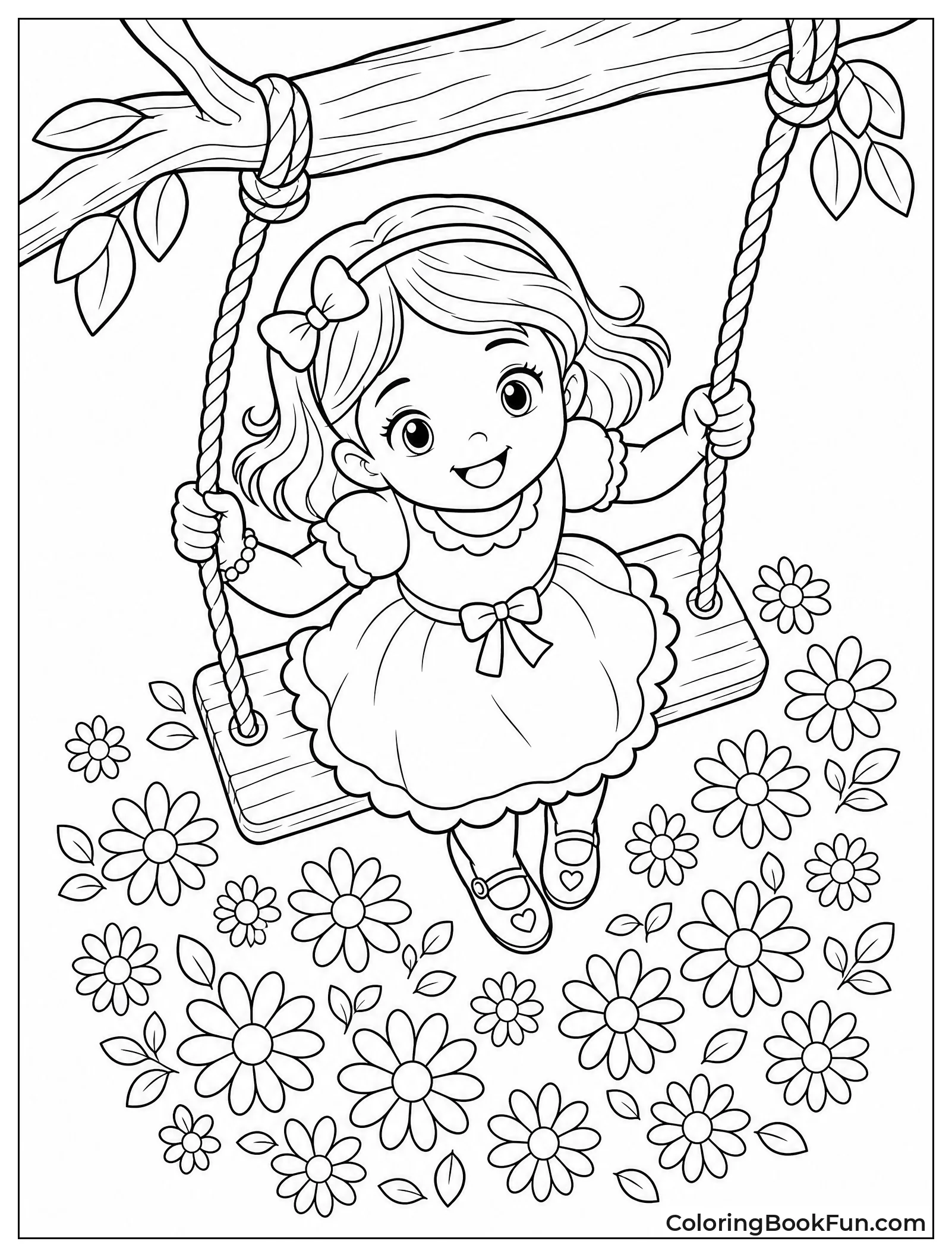 Girl Swinging over Daisies