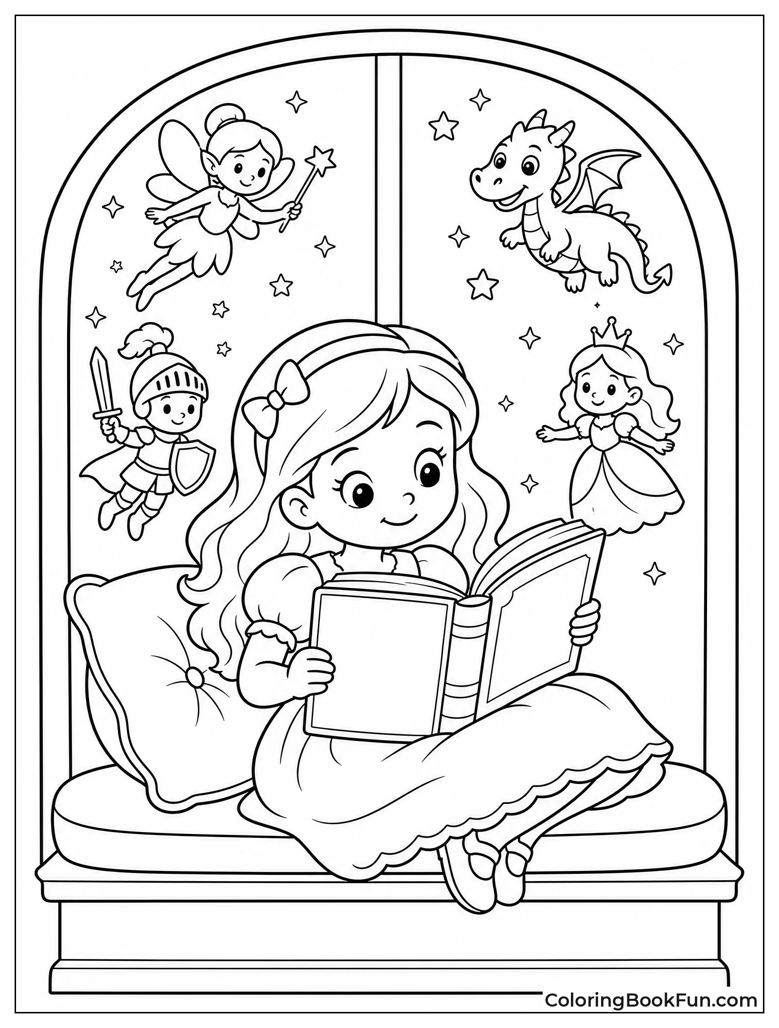 Girl Reading Book with Characters