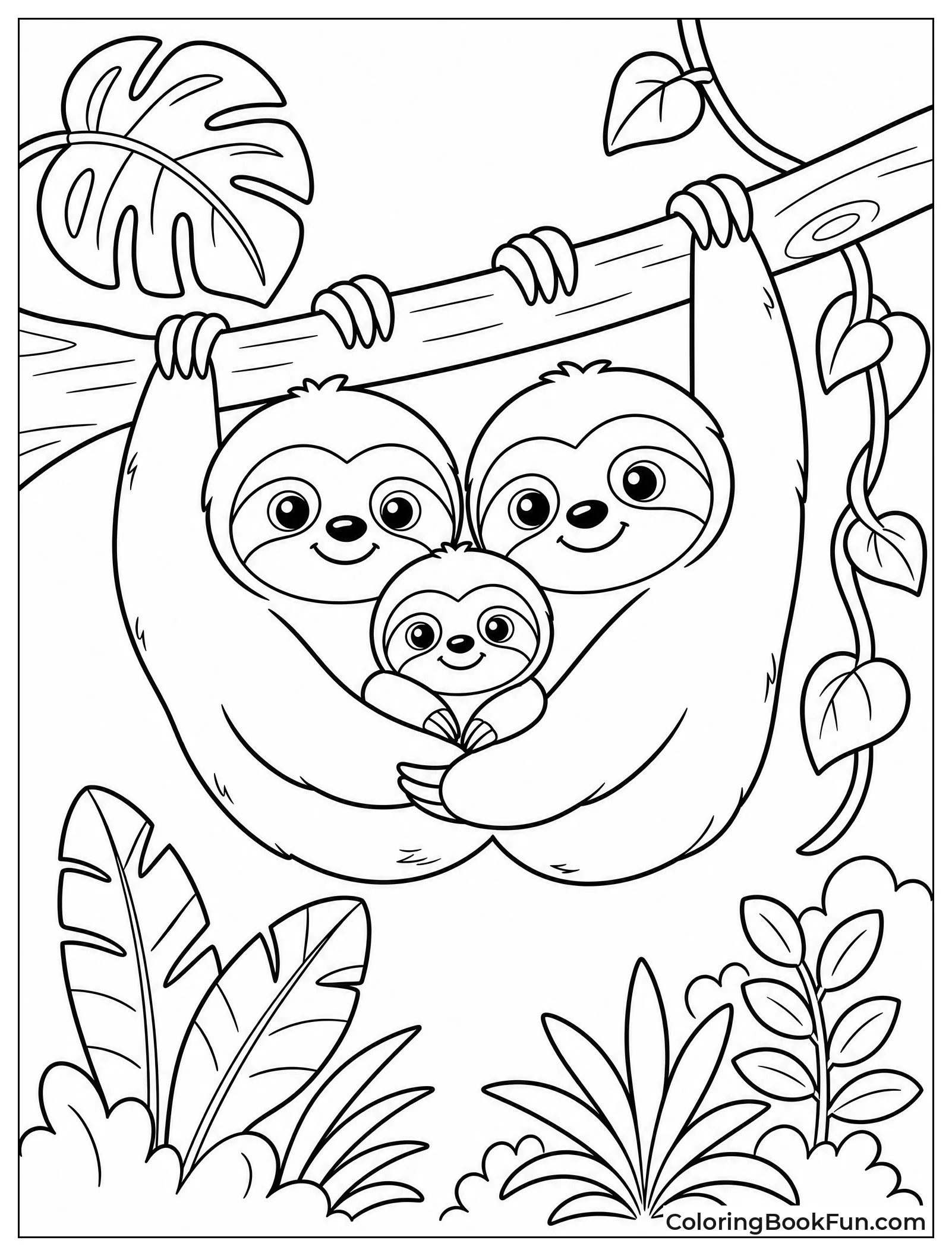 Sloth Family Hanging on Branch