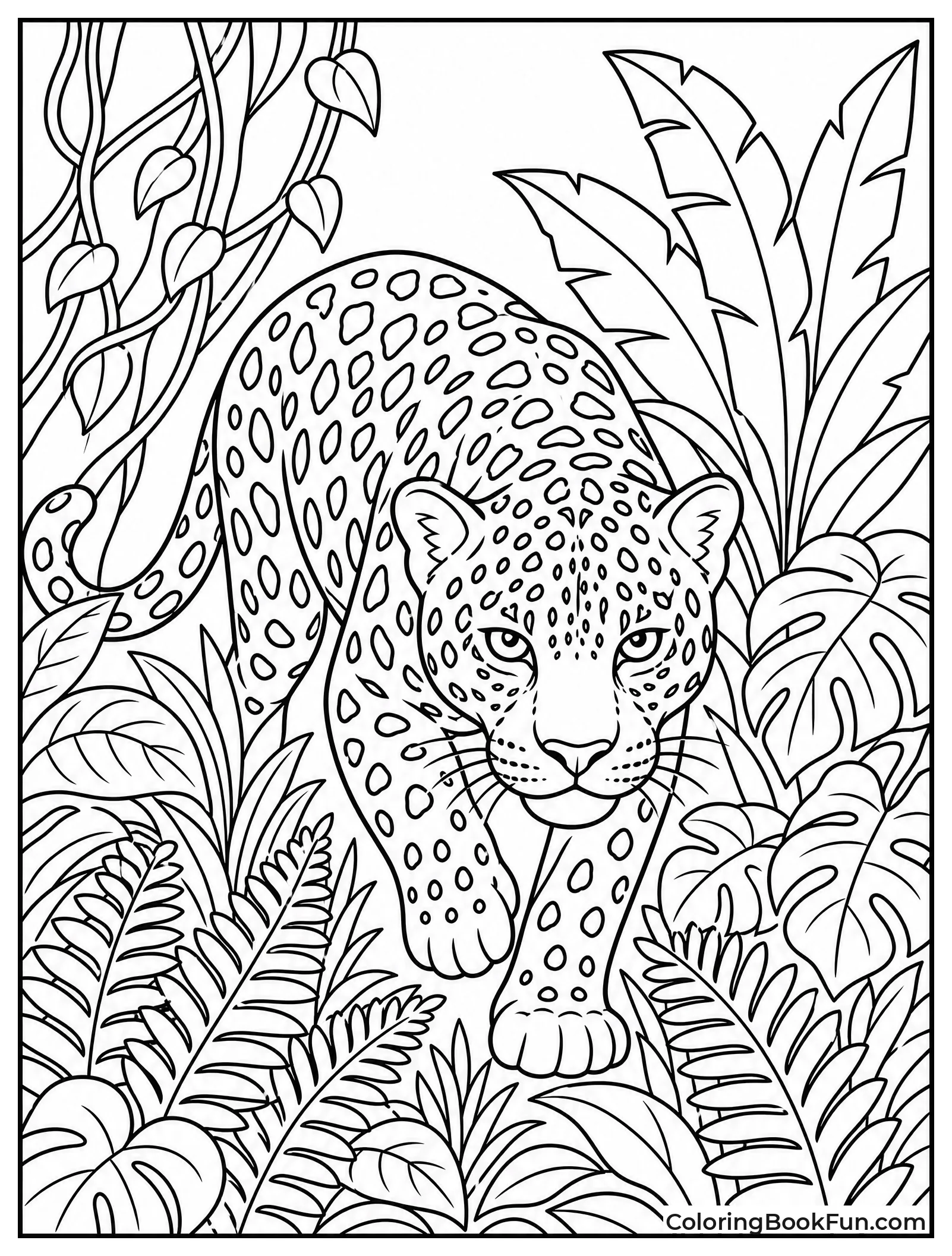 Jaguar Stalking Through Jungle Ferns