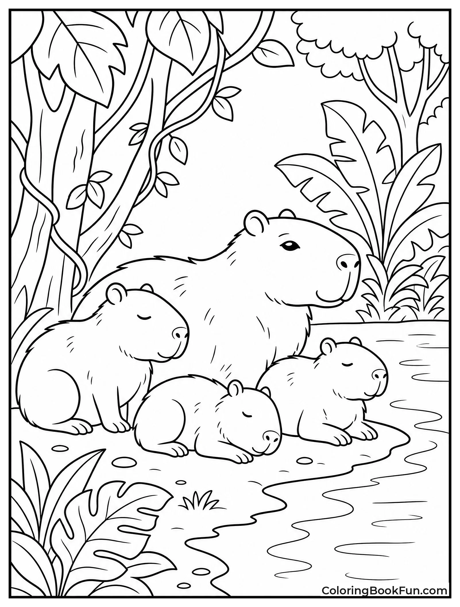 Capybaras Resting by Rainforest River
