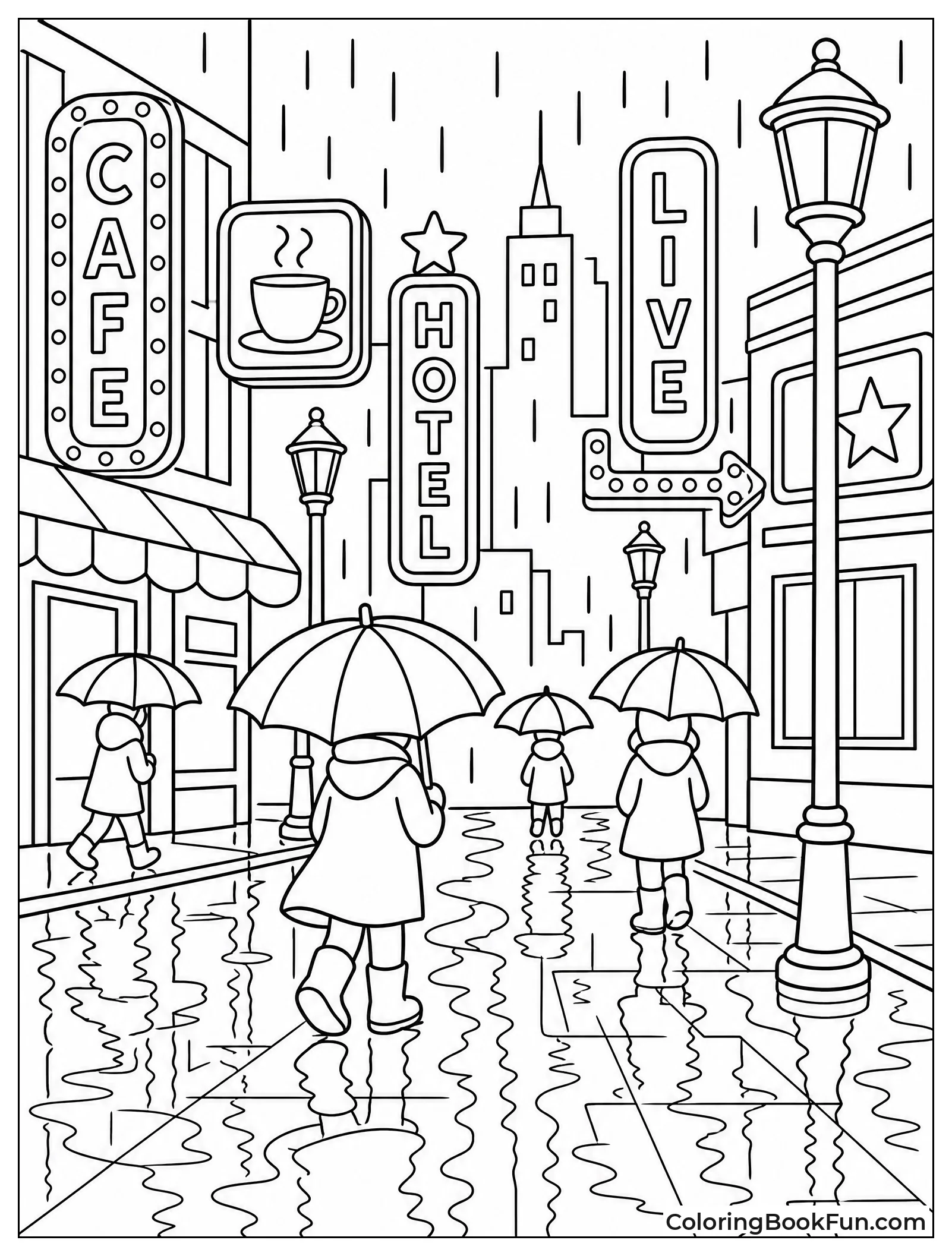 Lights Reflect on Wet City Street