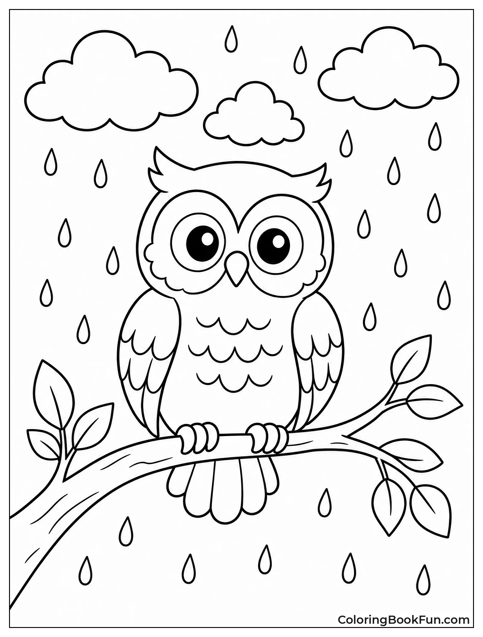 Owl Sits on Rainy Tree Branch