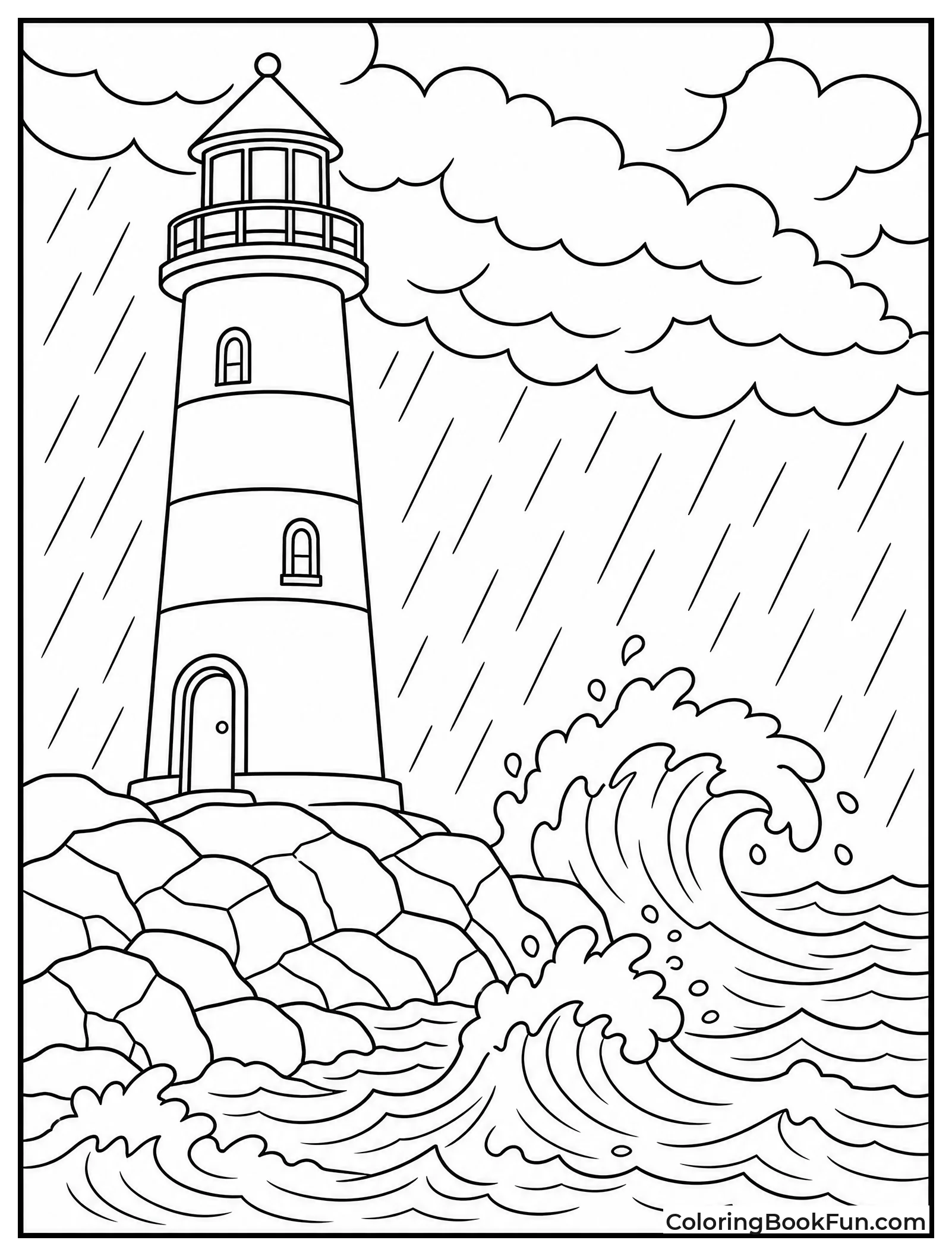 Lighthouse in Storm with Waves